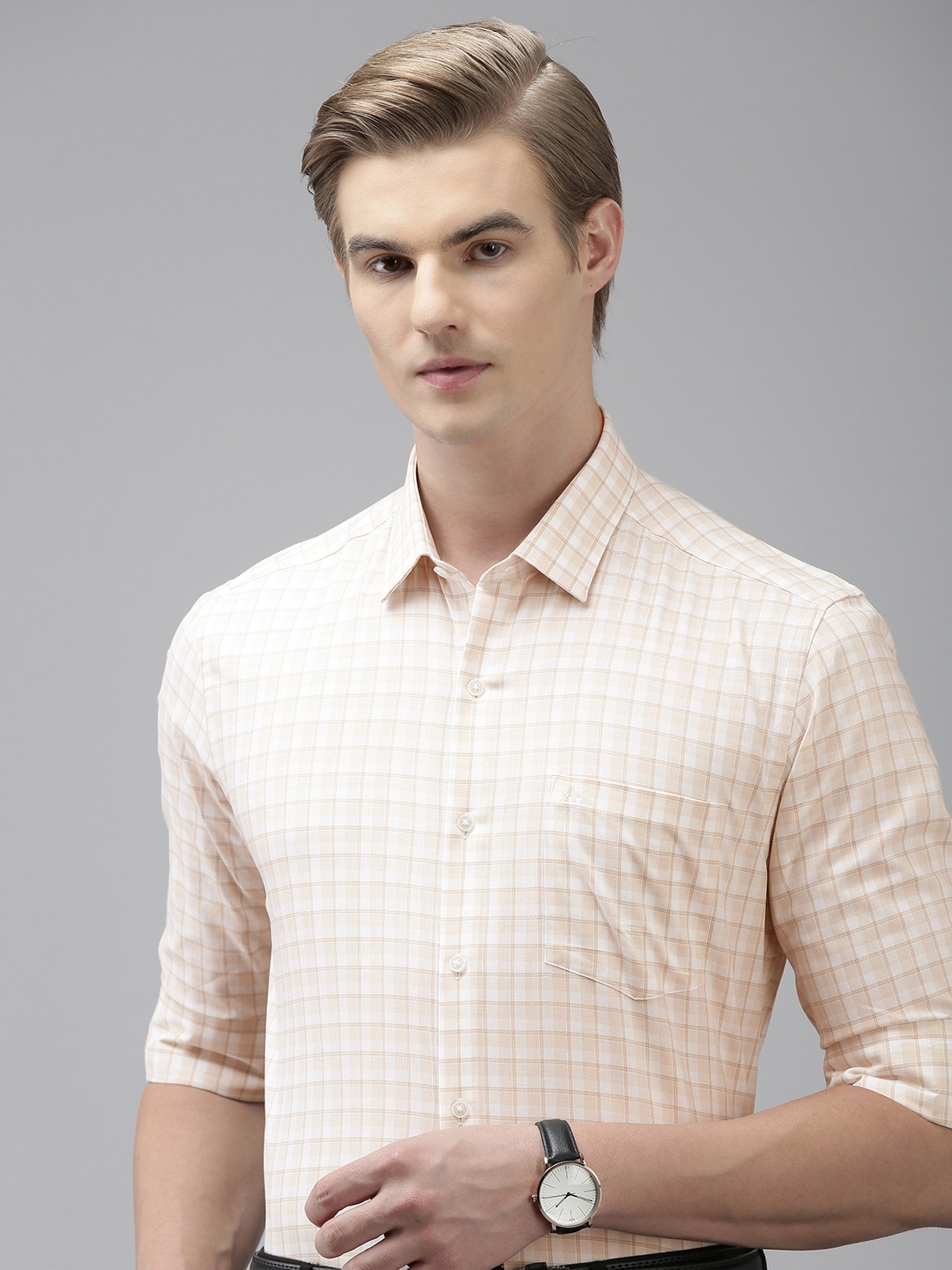 

Arrow Men Pure Cotton Manhattan Slim Fit Checked Formal Shirt, Beige