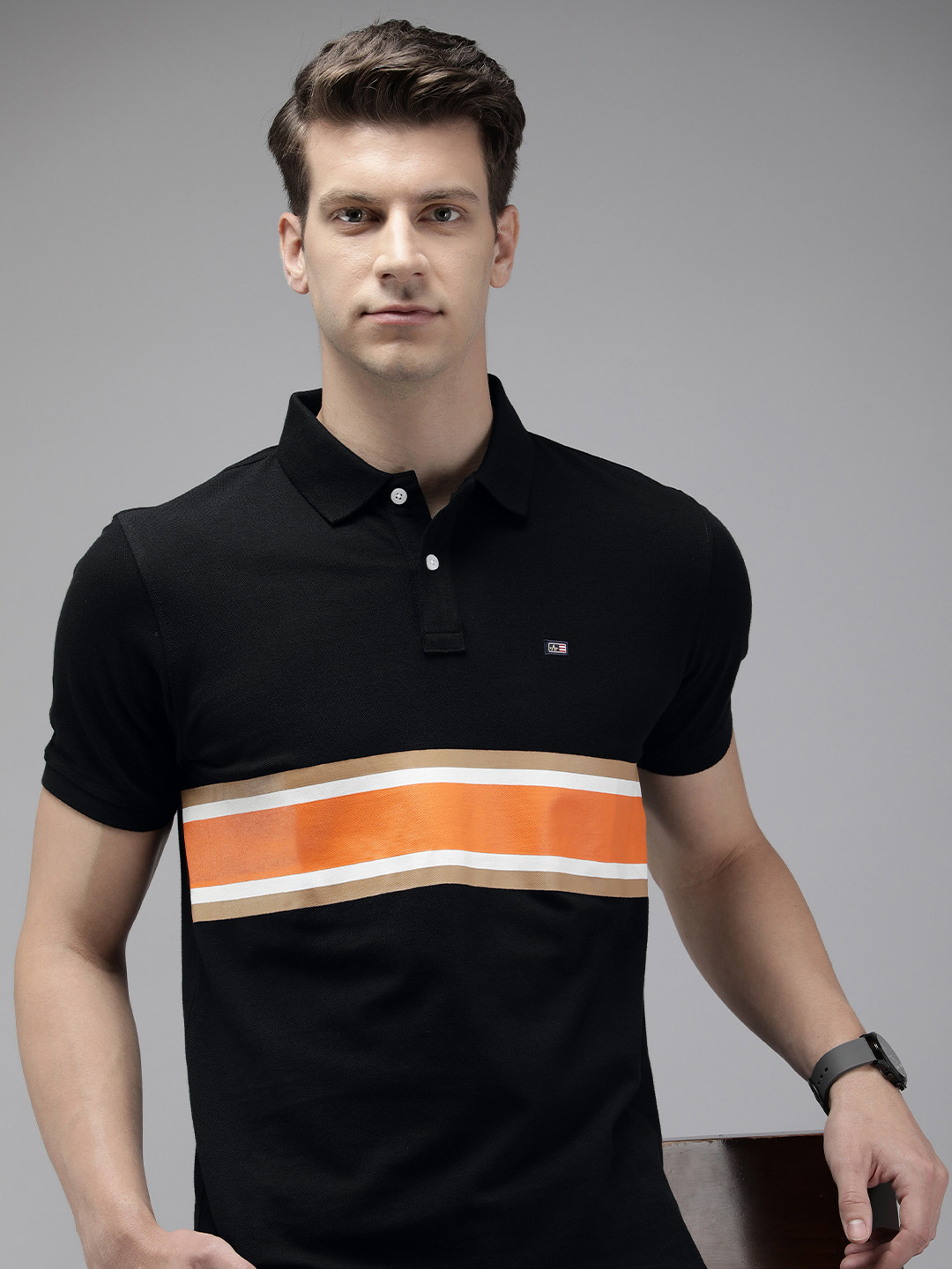 

Arrow Striped Polo Collar Pure Cotton T-shirt, Black