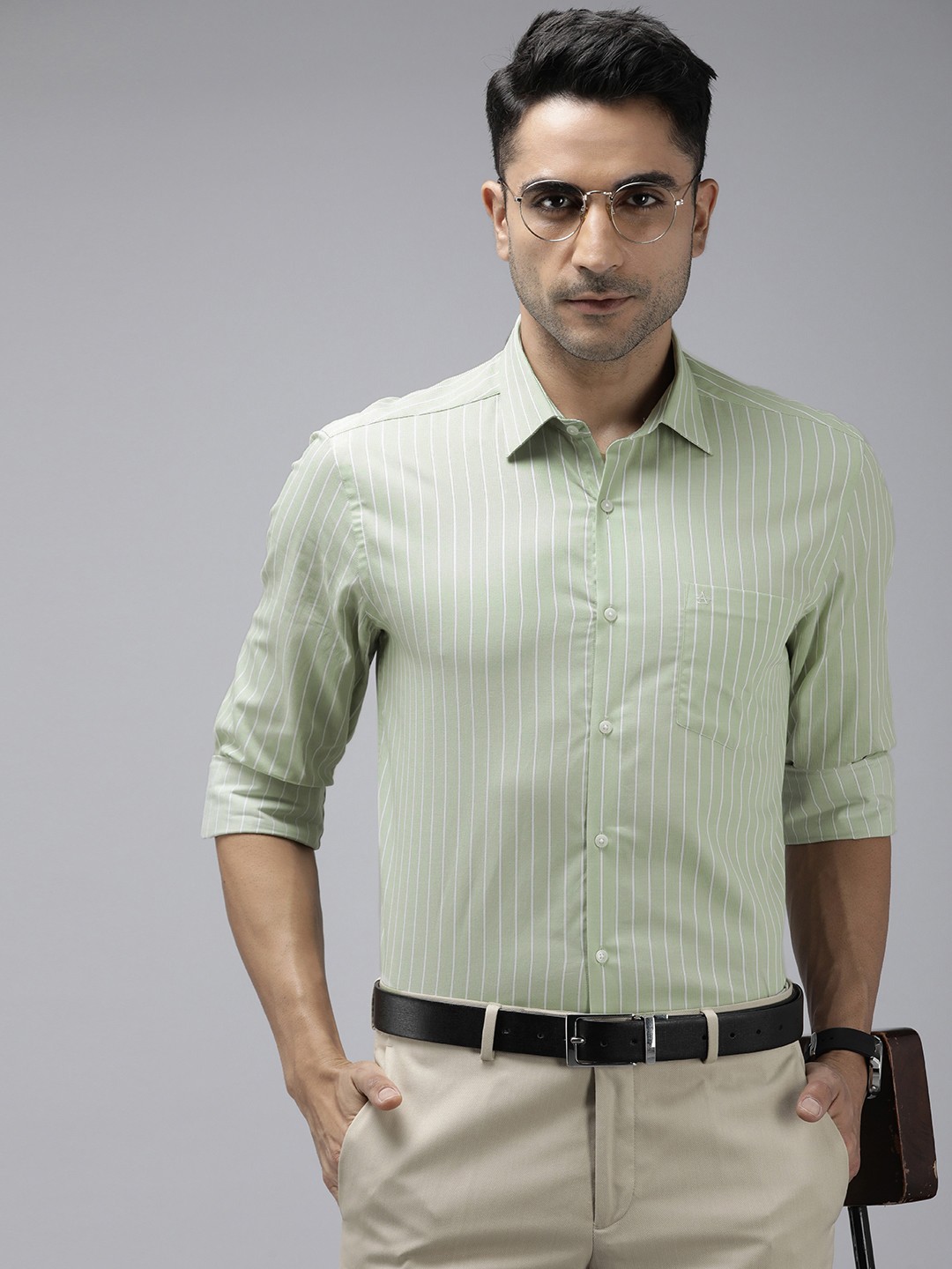 

Arrow Pure Cotton Manhattan Slim Fit Opaque Striped Formal Shirt, Green