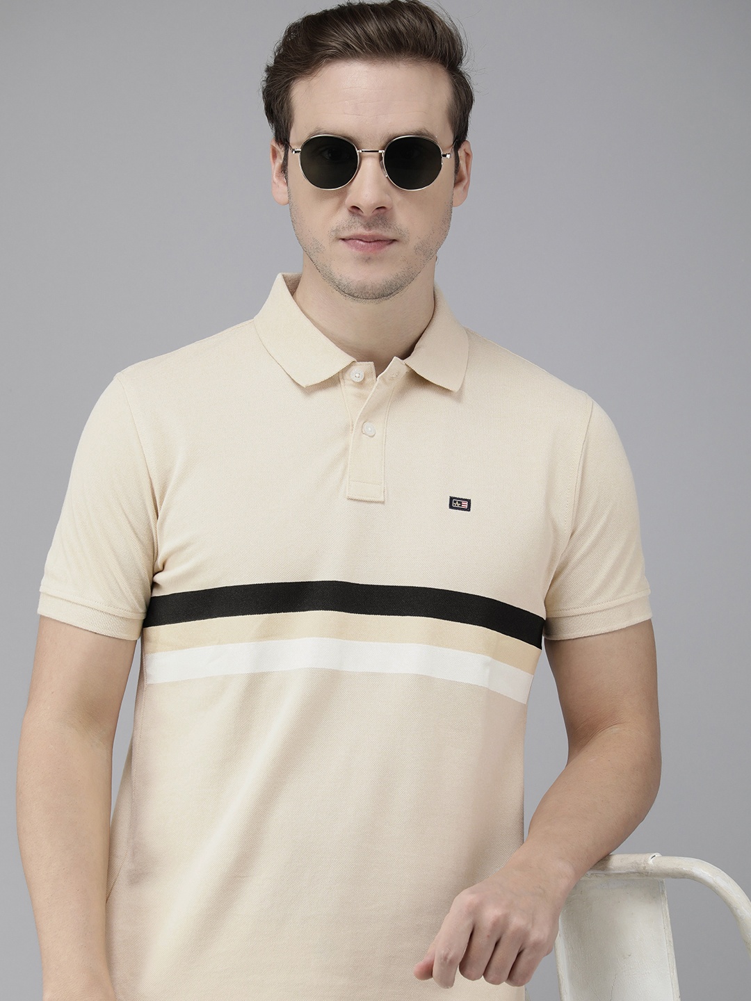 

Arrow Striped Polo Collar Pure Cotton T-shirt, Beige