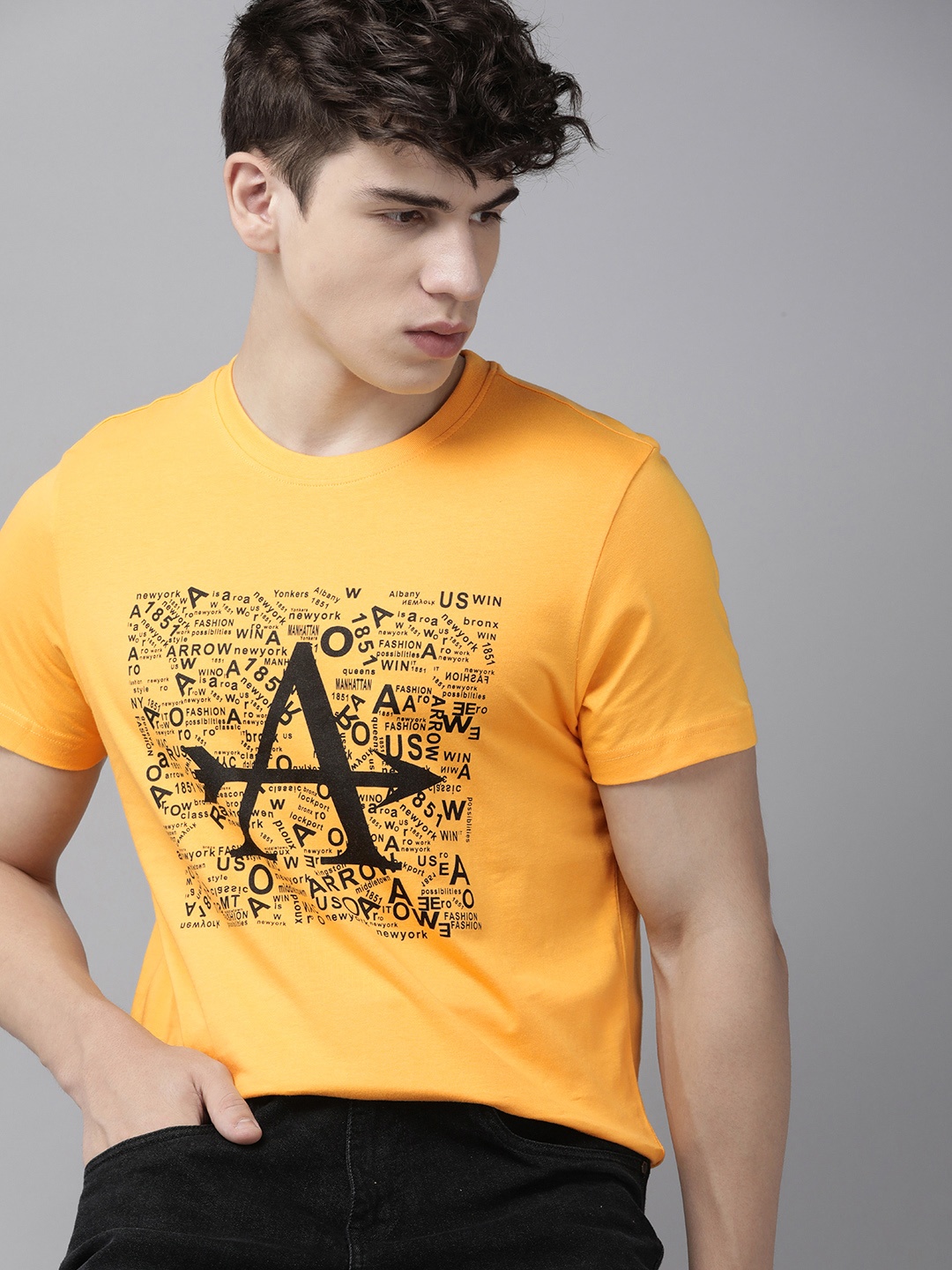 

Arrow Brand Logo Printed Pure Cotton T-shirt, Yellow