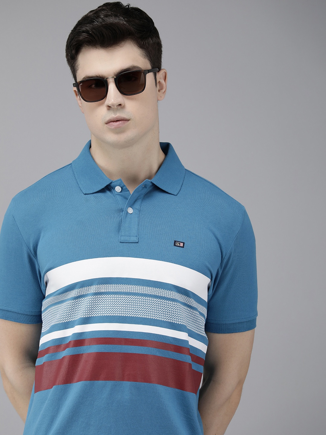 

Arrow Striped Polo Collar Pure Cotton T-shirt, Blue