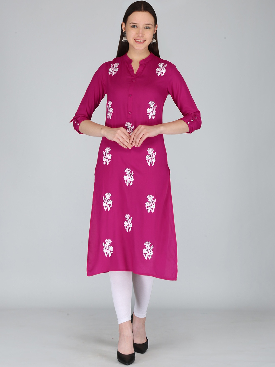 

MAUKA Mandarin Collar Floral Embroidered Kurta, Pink