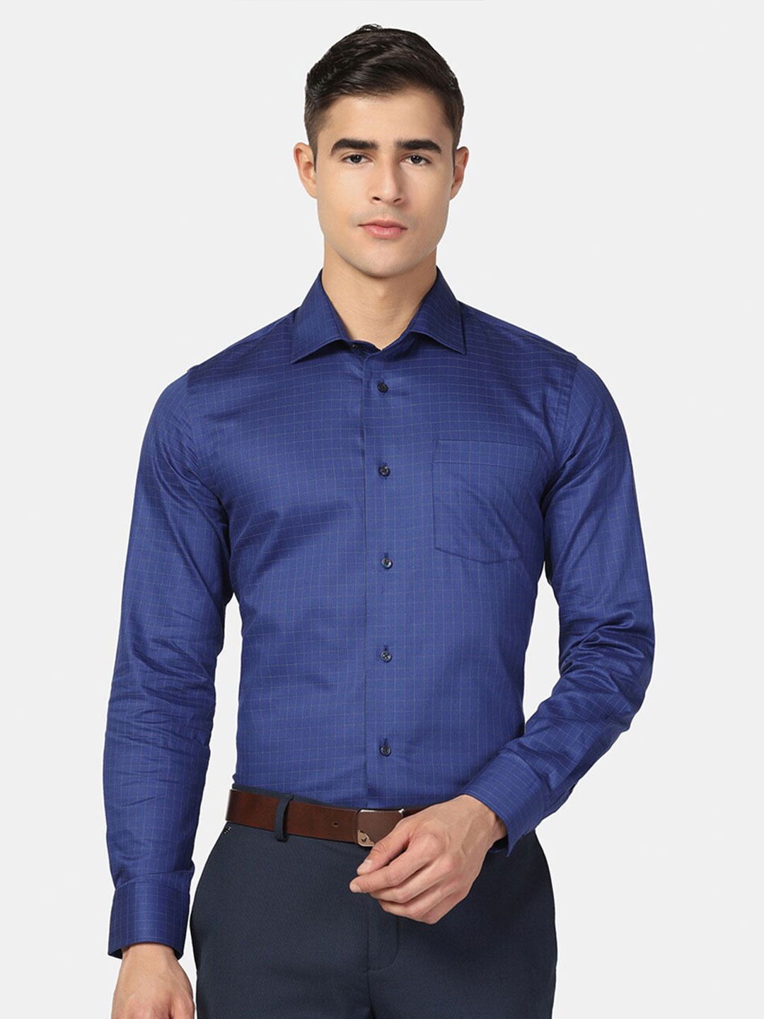 

Blackberrys India Slim Checked Pure Cotton Slim Fit Formal Shirt, Navy blue