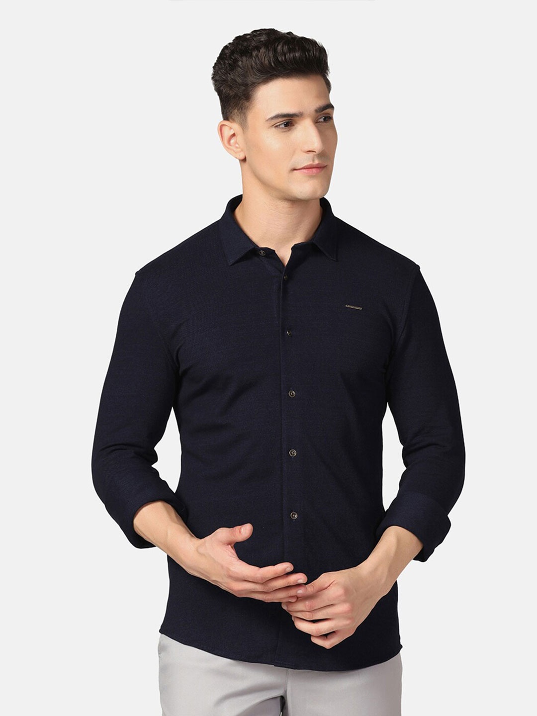 

Blackberrys Spread Collar Pure Cotton Slim Fit Casual Shirt, Navy blue