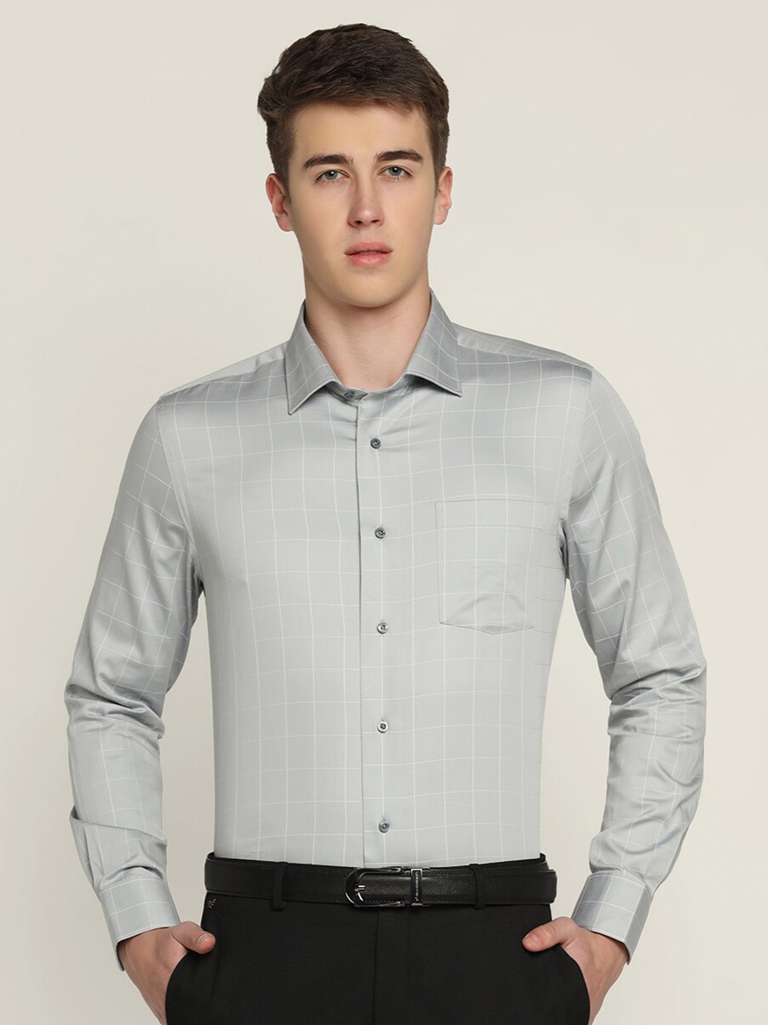 

Blackberrys Slim Fit Windowpane Pure Cotton Formal Shirt, Grey