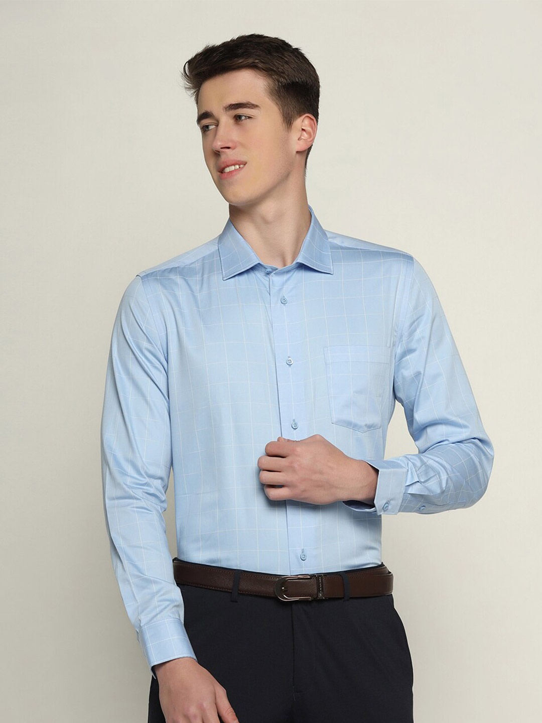 

Blackberrys India Slim Windowpane Checked Pure Cotton Slim Fit Formal Shirt, Blue