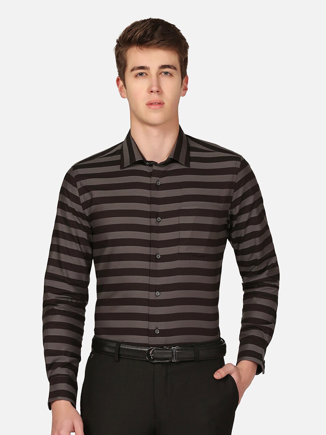 

Blackberrys India Slim Horizontal Striped Pure Cotton Slim Fit Formal Shirt, Charcoal