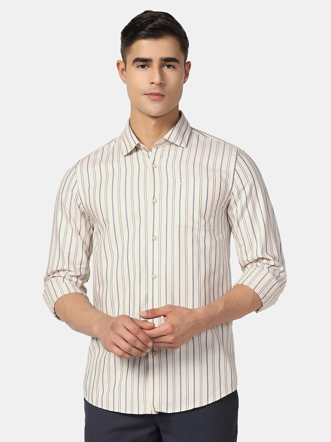 

Blackberrys India Slim Vertical Striped Pure Cotton Slim Fit Casual Shirt, Beige