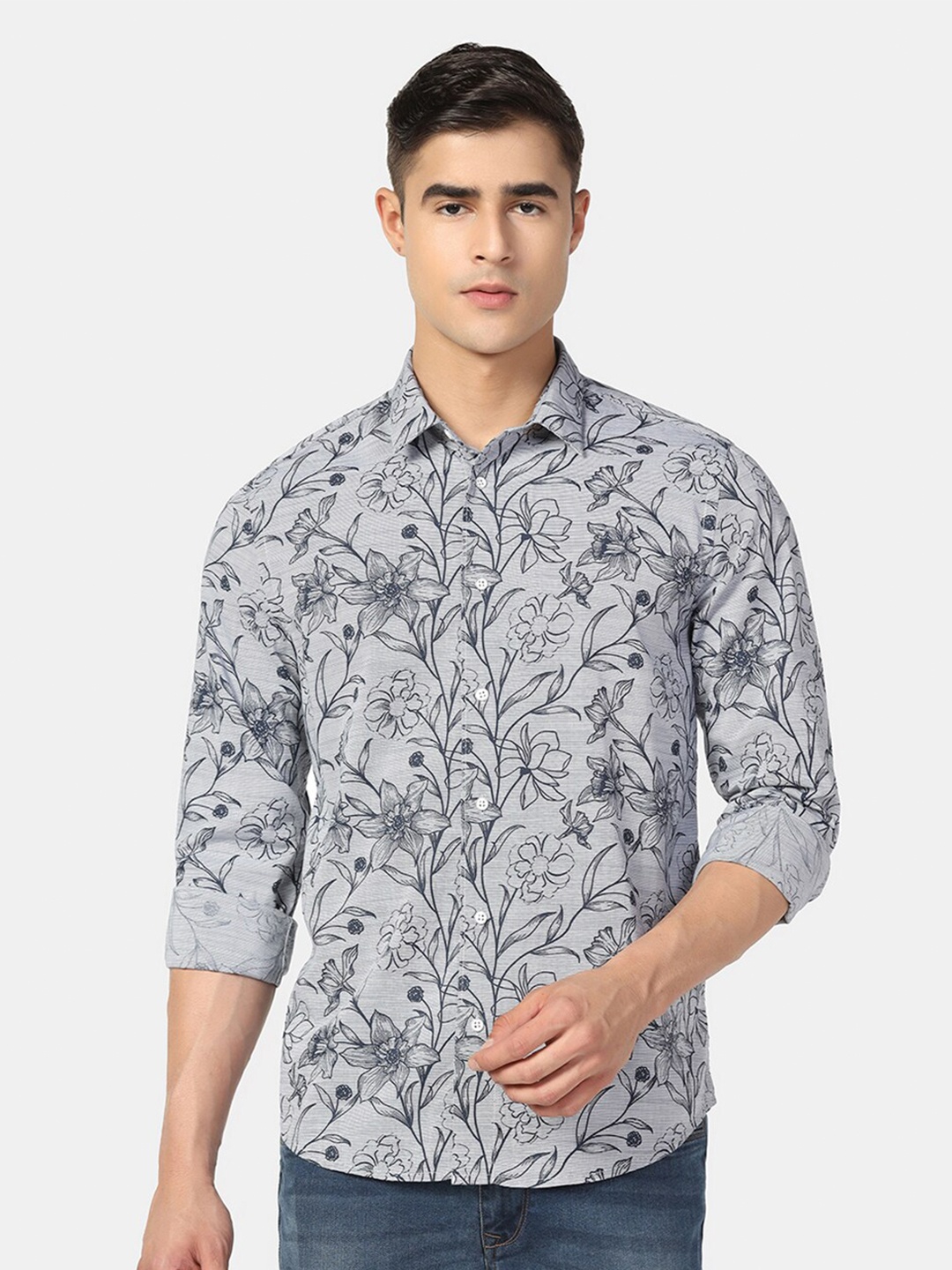 

Blackberrys India Slim Fit Floral Printed Opaque Casual Pure Cotton Shirt, Blue