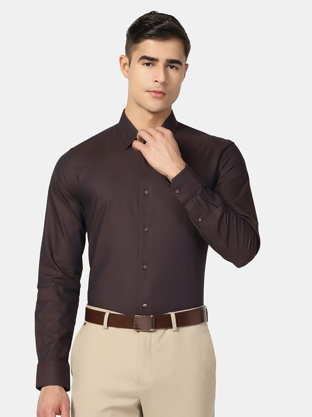

Blackberrys Self Design India Slim Spread Collar Slim Fit Formal Shirt, Brown