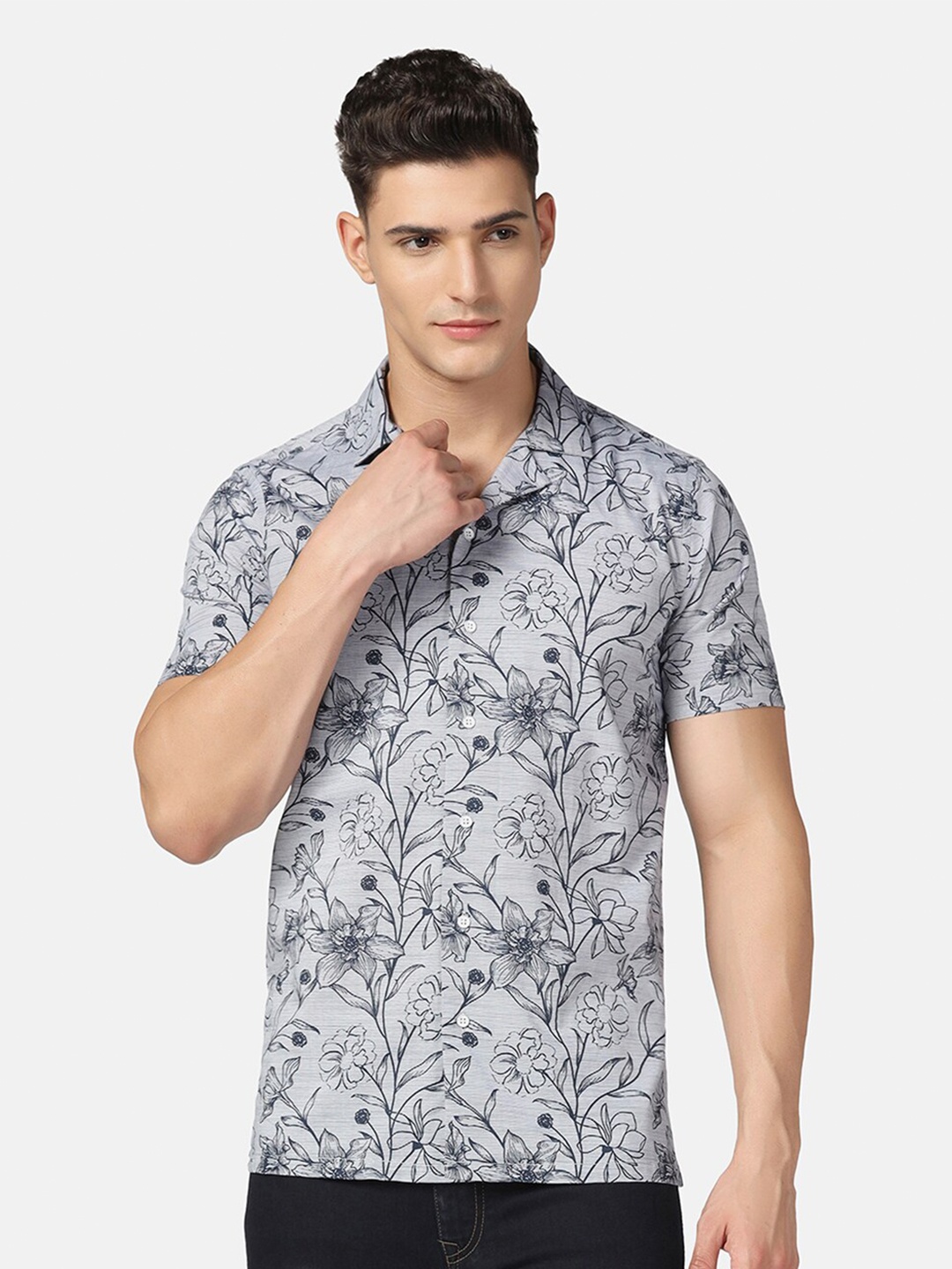 

Blackberrys Slim Fit Floral Printed Pure Cotton Casual Shirt, Grey