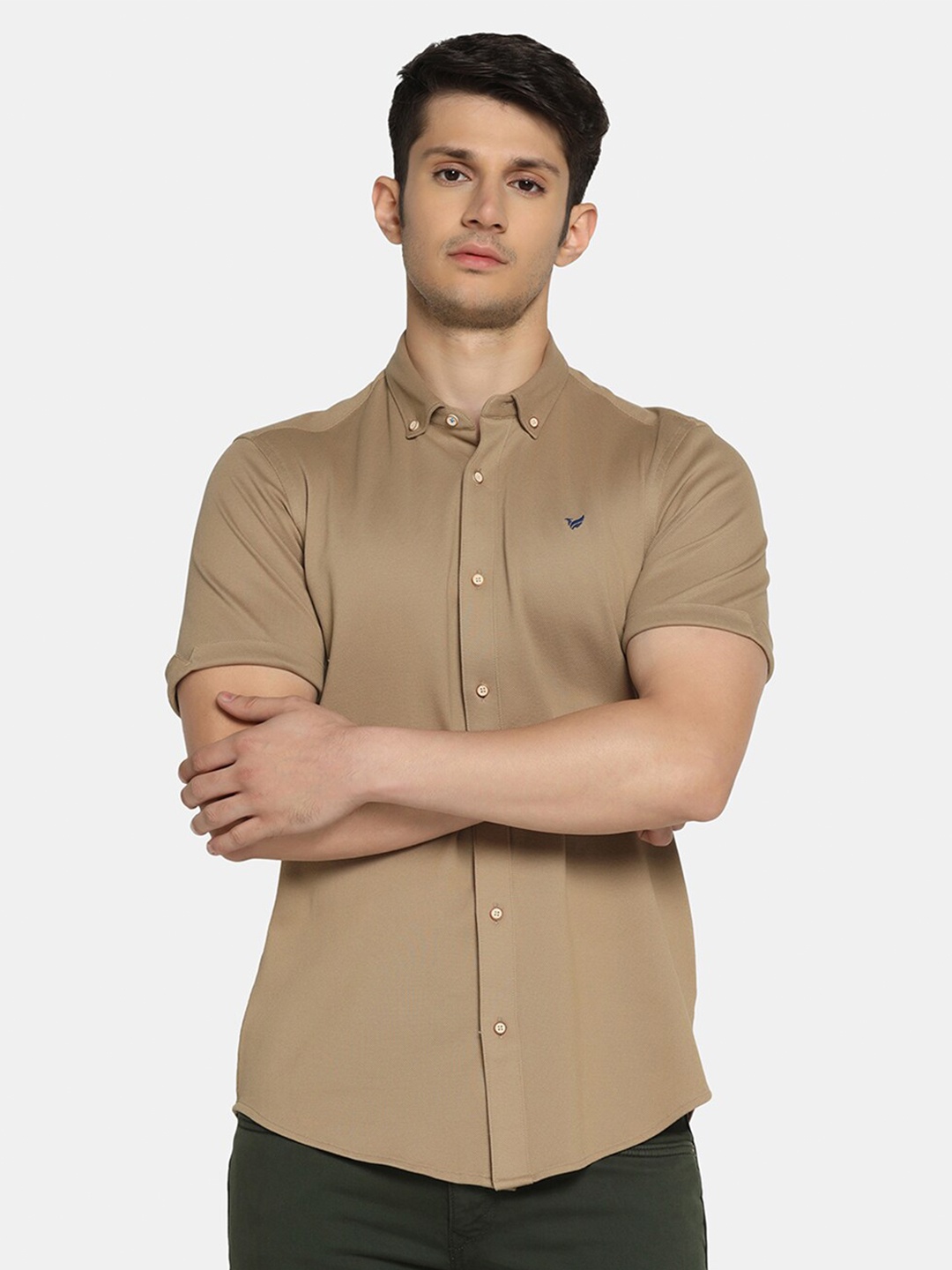

Blackberrys Slim Fit Button-Down Collar Pure Cotton Casual Shirt, Beige