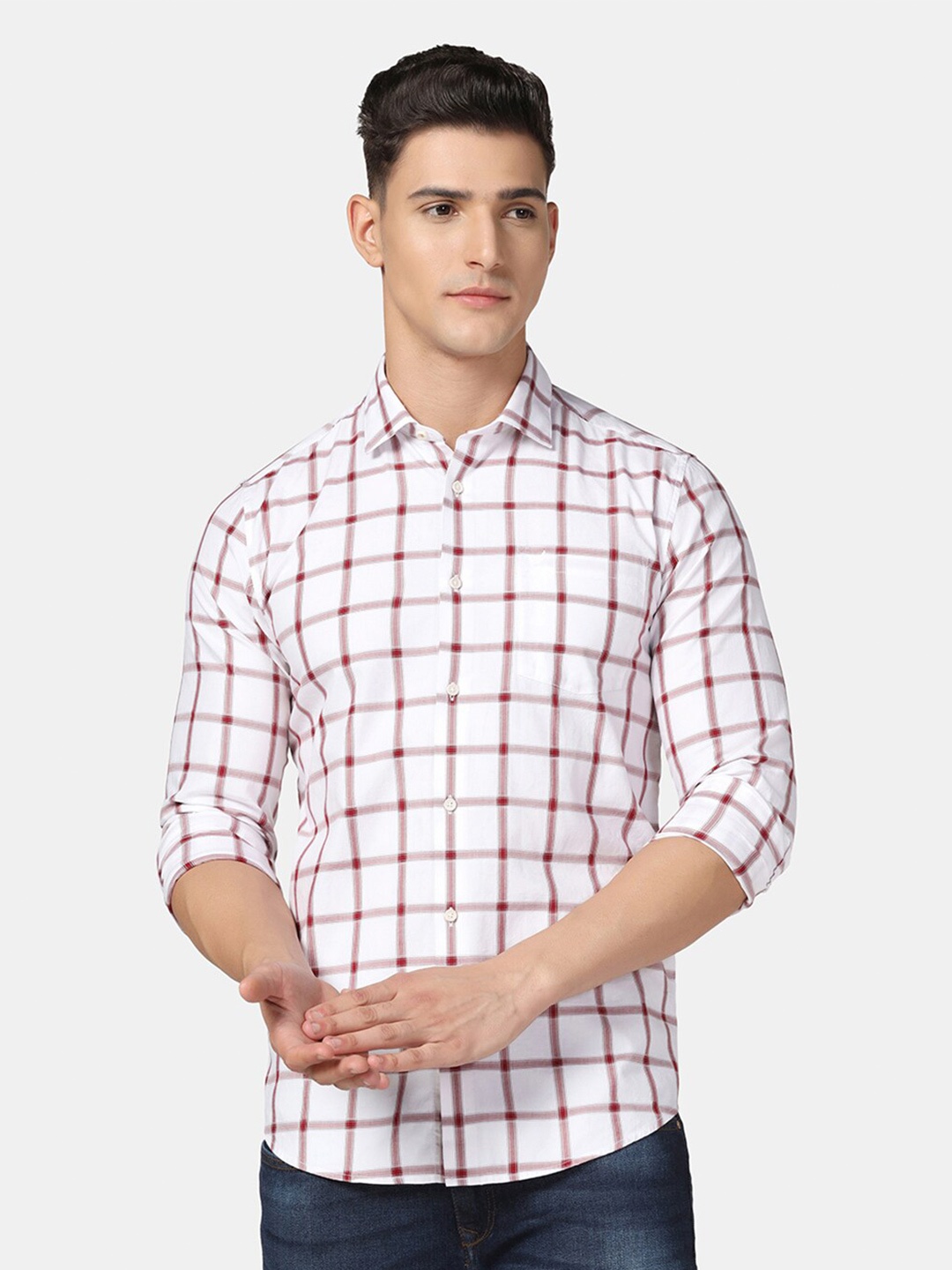 

Blackberrys India Slim Windowpane Checked Pure Cotton Slim Fit Casual Shirt, Maroon