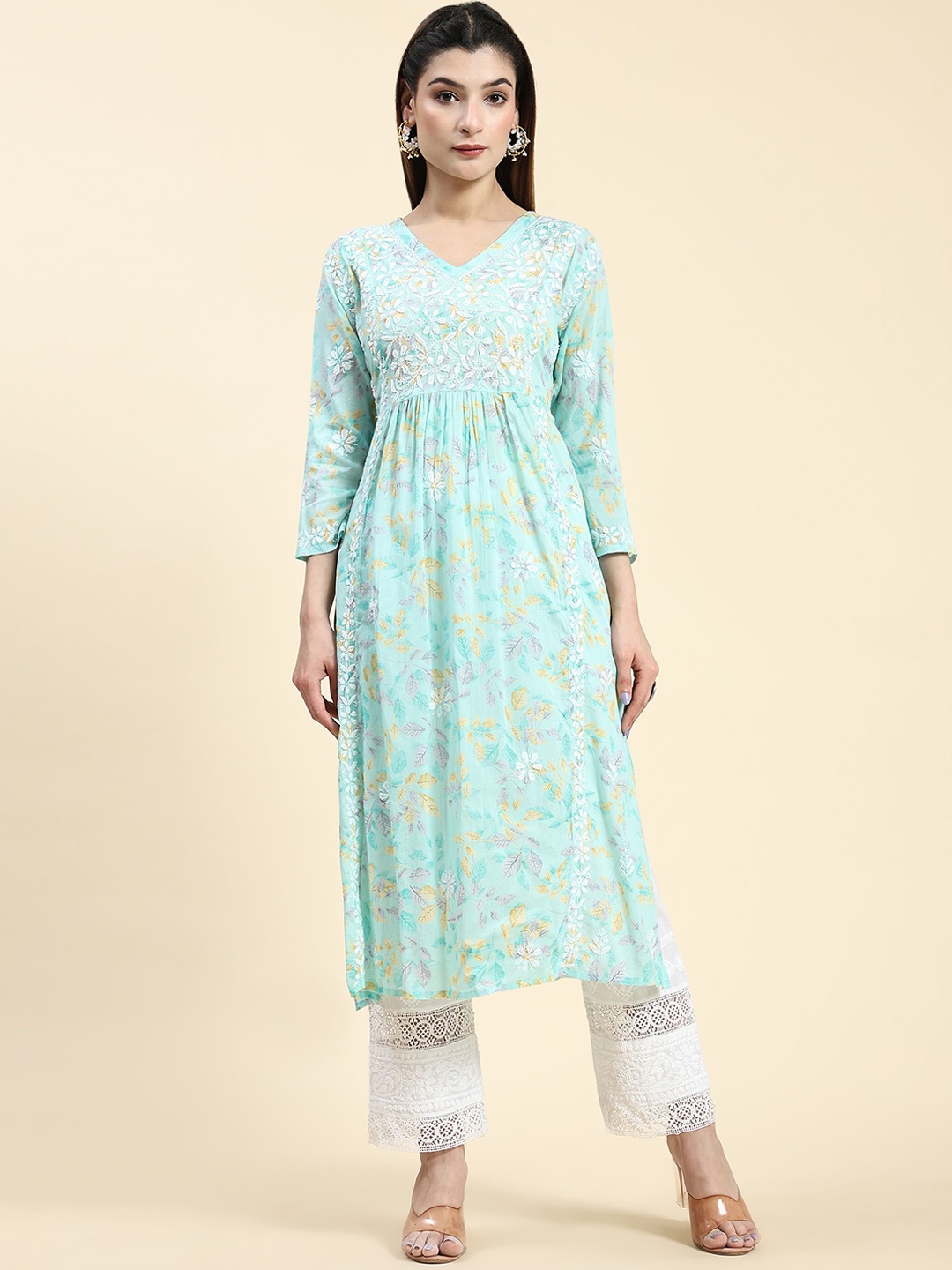 

HOUSE OF KARI Floral Embroidered Chikankari A-Line Kurta, Sea green