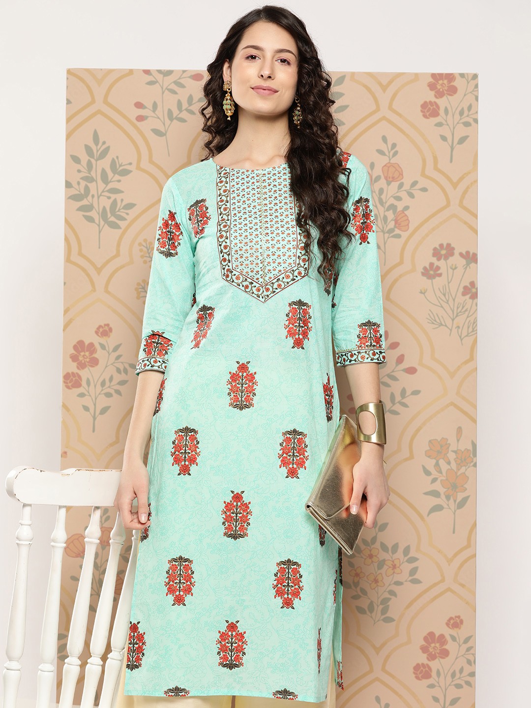 

Yufta Women Floral Printed Straight Kurta, Blue