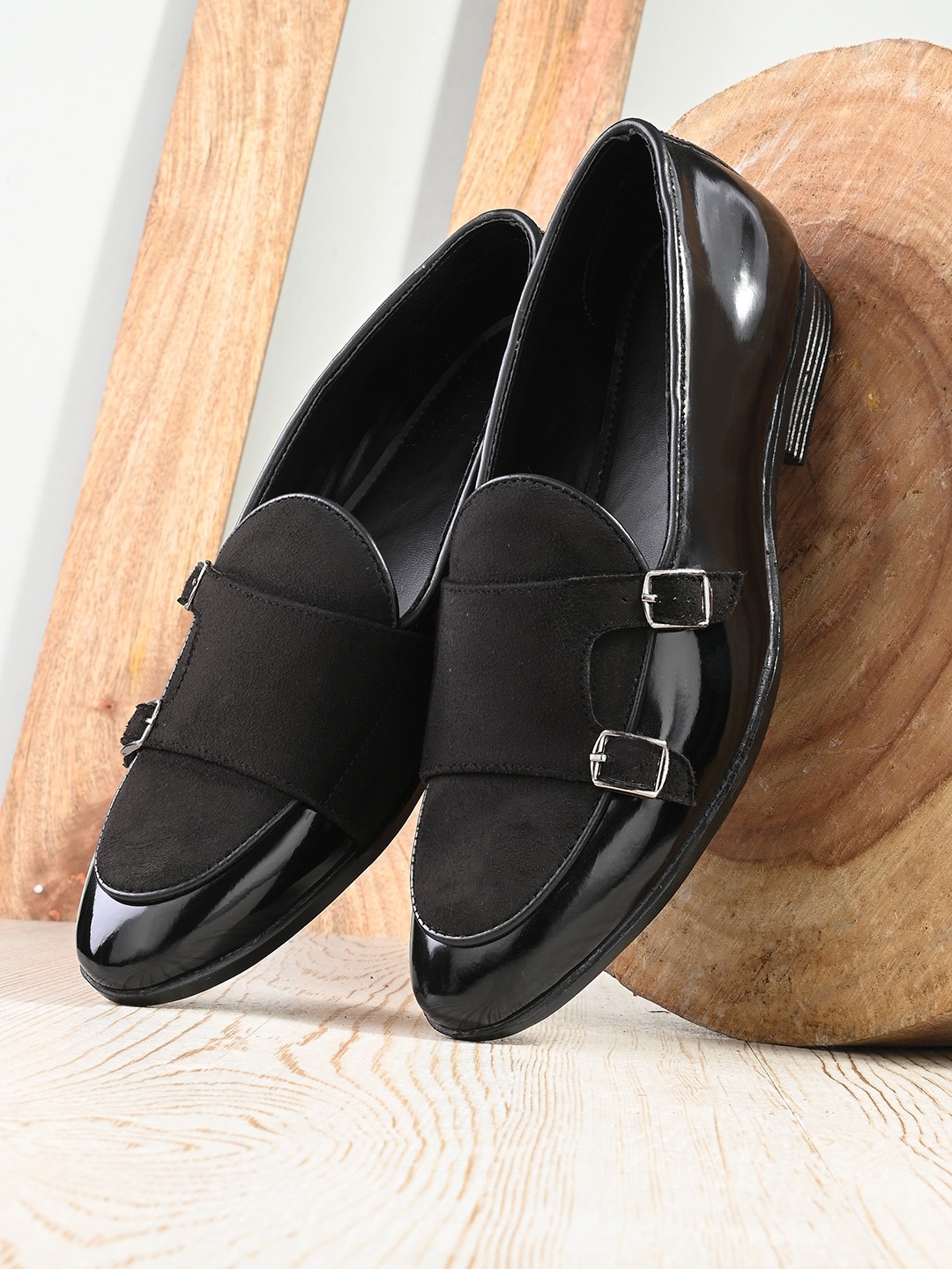 

HERE&NOW Men Black Leather Double Monk Strap Loafers