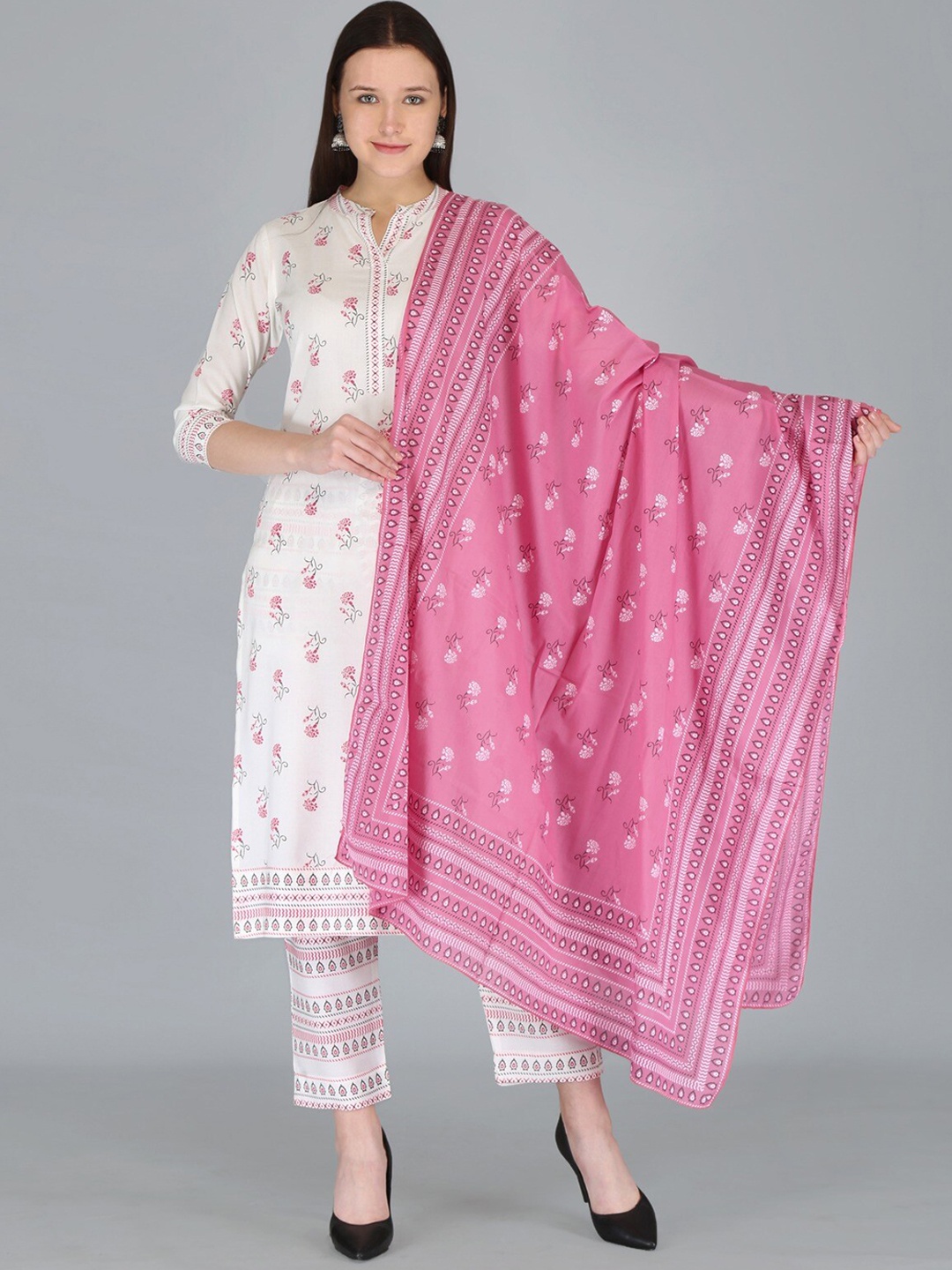 

MAUKA Floral Printed Kurta with Trousers & Dupatta, Off white