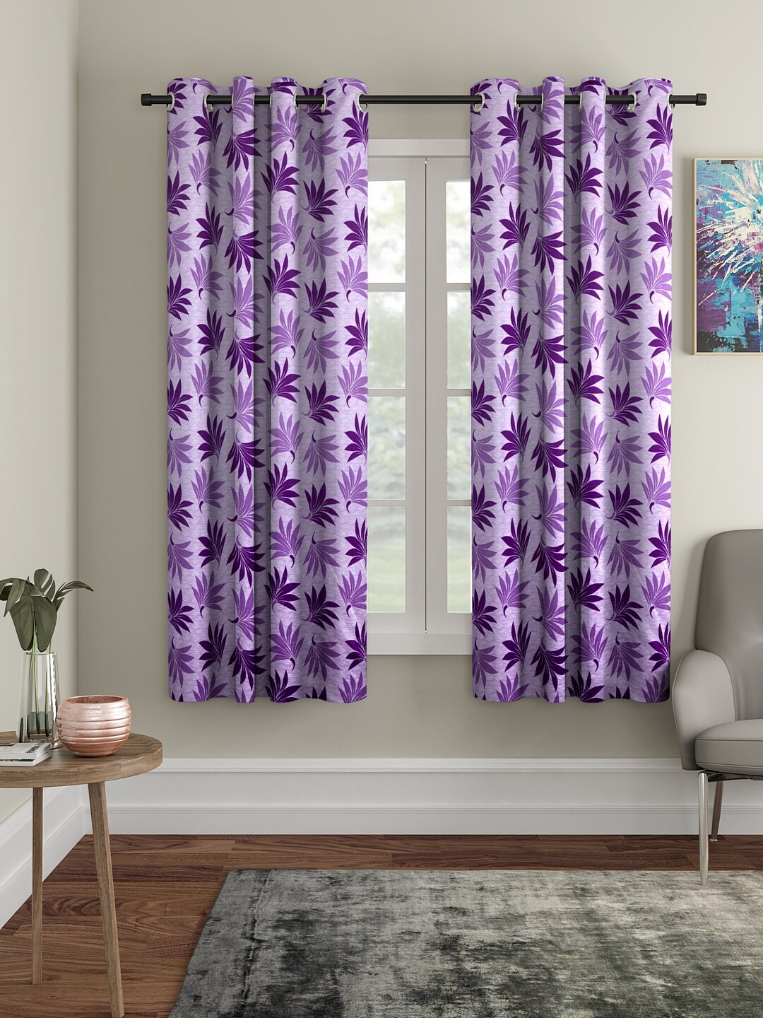 

Cortina Purple 2 Pieces Leaf Printed Window Curtains