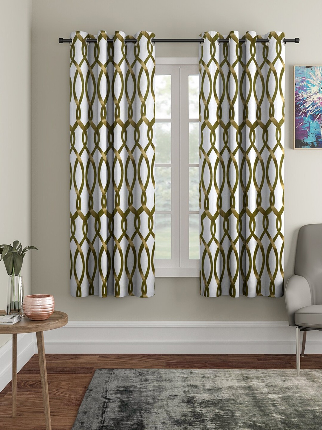 

Cortina Olive Green & White 2 Pieces Abstract Printed Window Curtains
