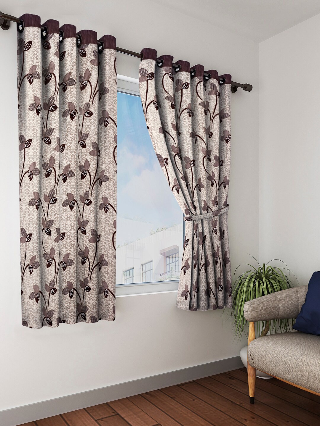 

Cortina Brown & White 2 Pieces Floral Printed Window Curtains