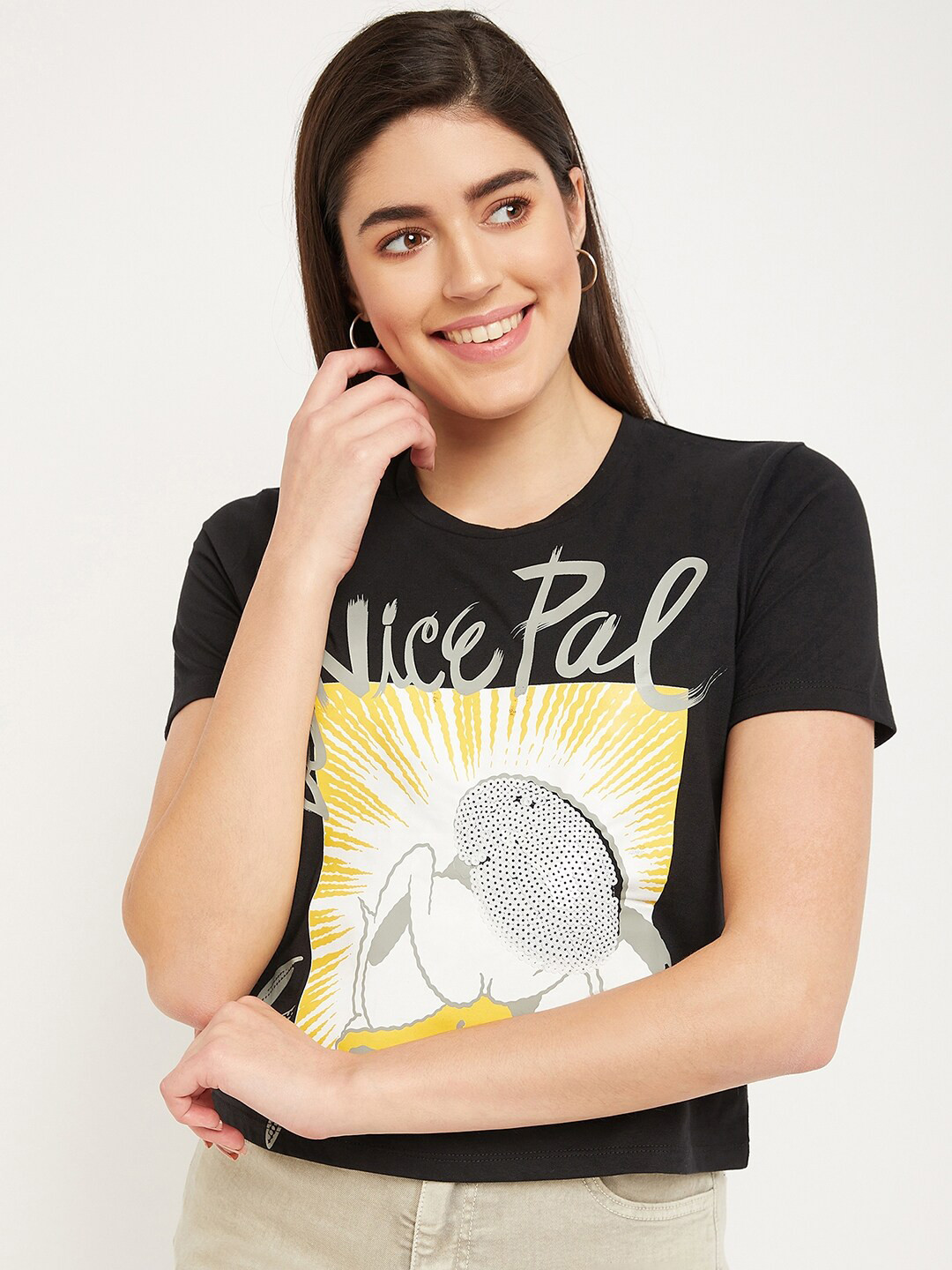 

Madame Graphic Printed Round Neck Cotton Top, Black
