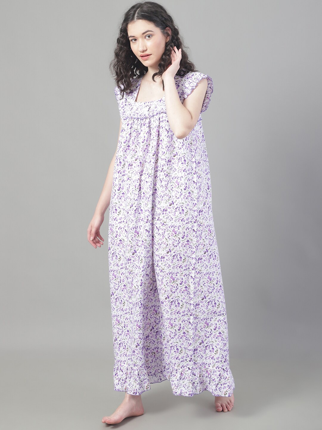 

Shararat Floral Printed Pure Cotton Maxi Nightdress, Purple