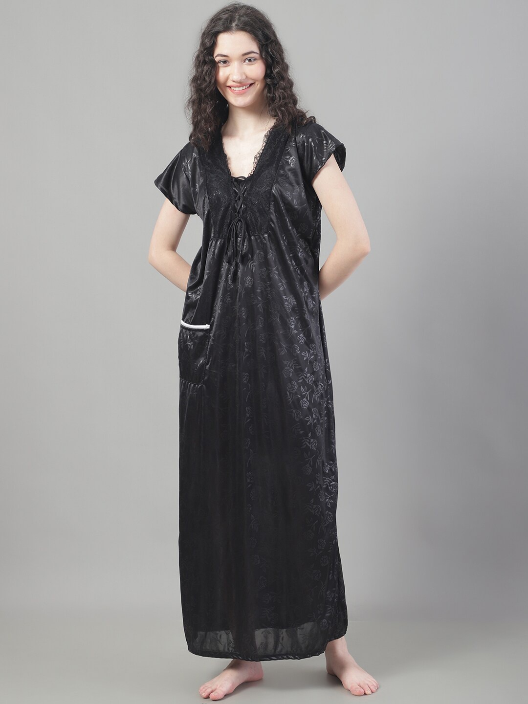 

Shararat V Neck Lace Up Details Maxi Nightdress, Black