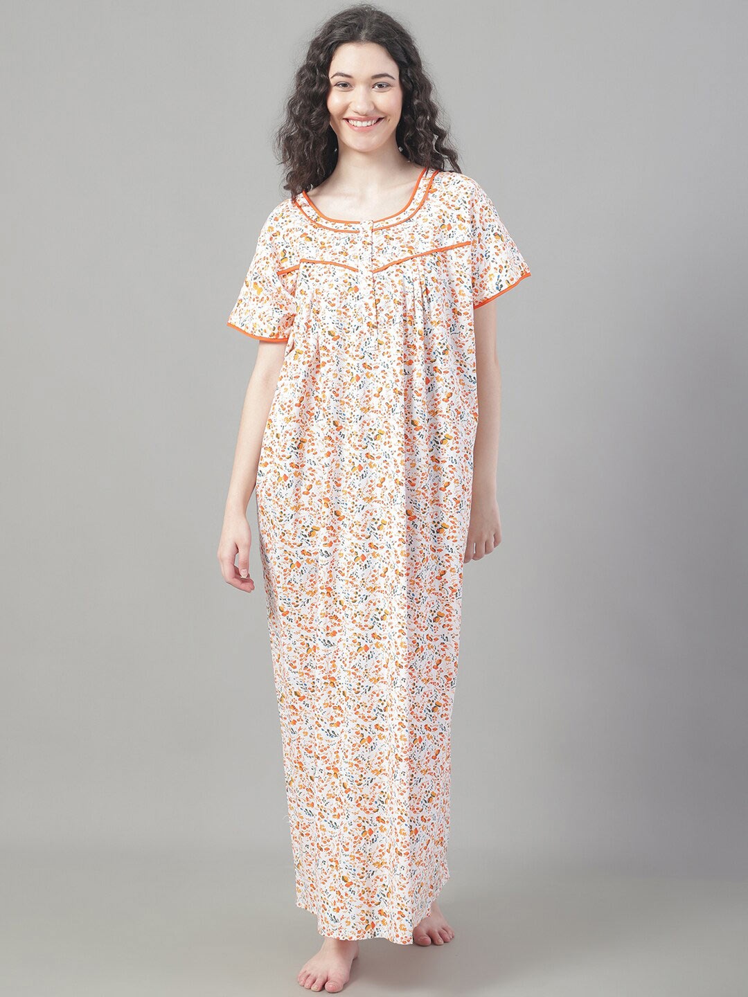 

Shararat Floral Printed Pure Cotton Maxi Nightdress, Orange