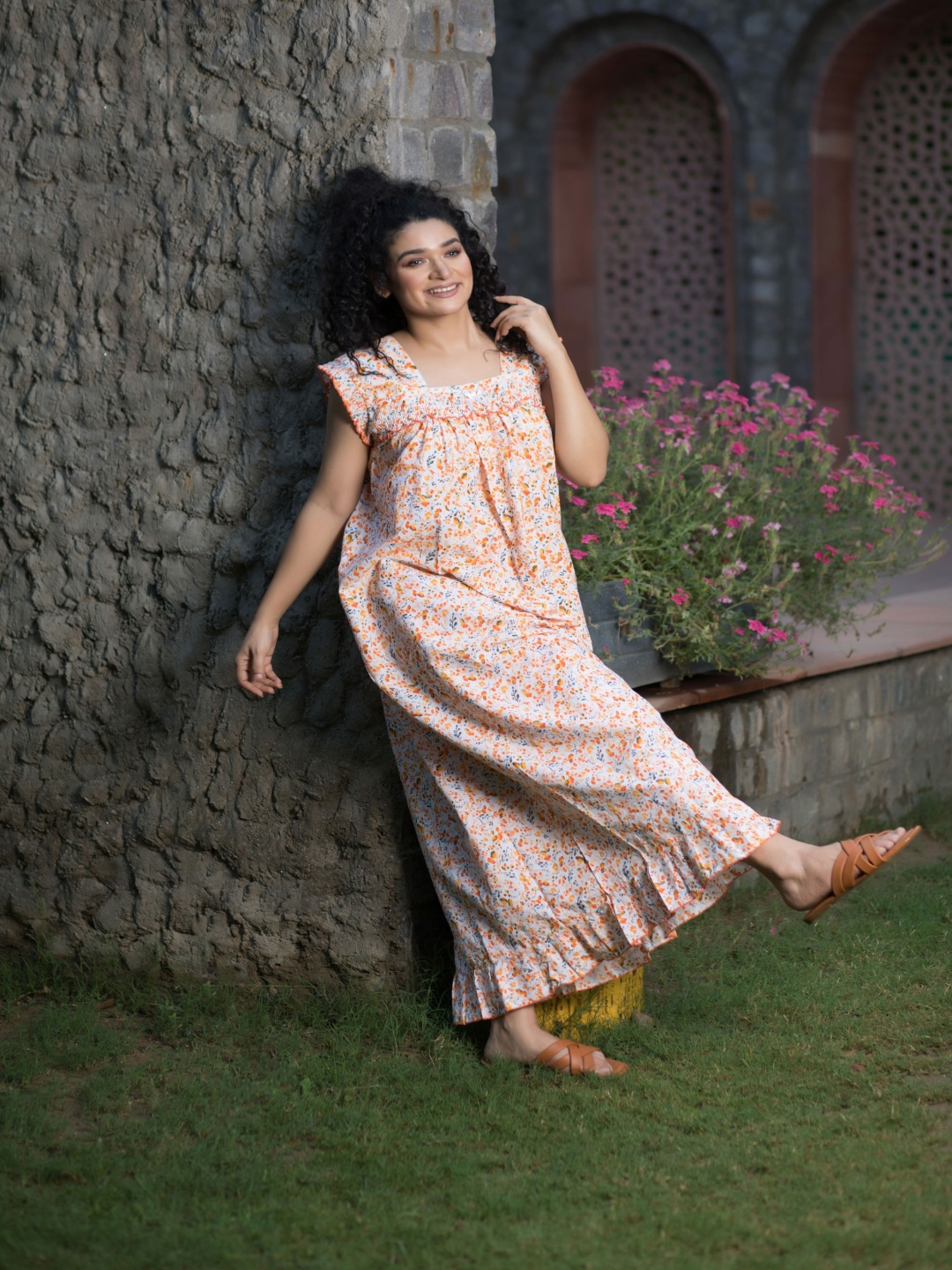 

Shararat Floral Printed Pure Cotton Maxi Nightdress, Orange