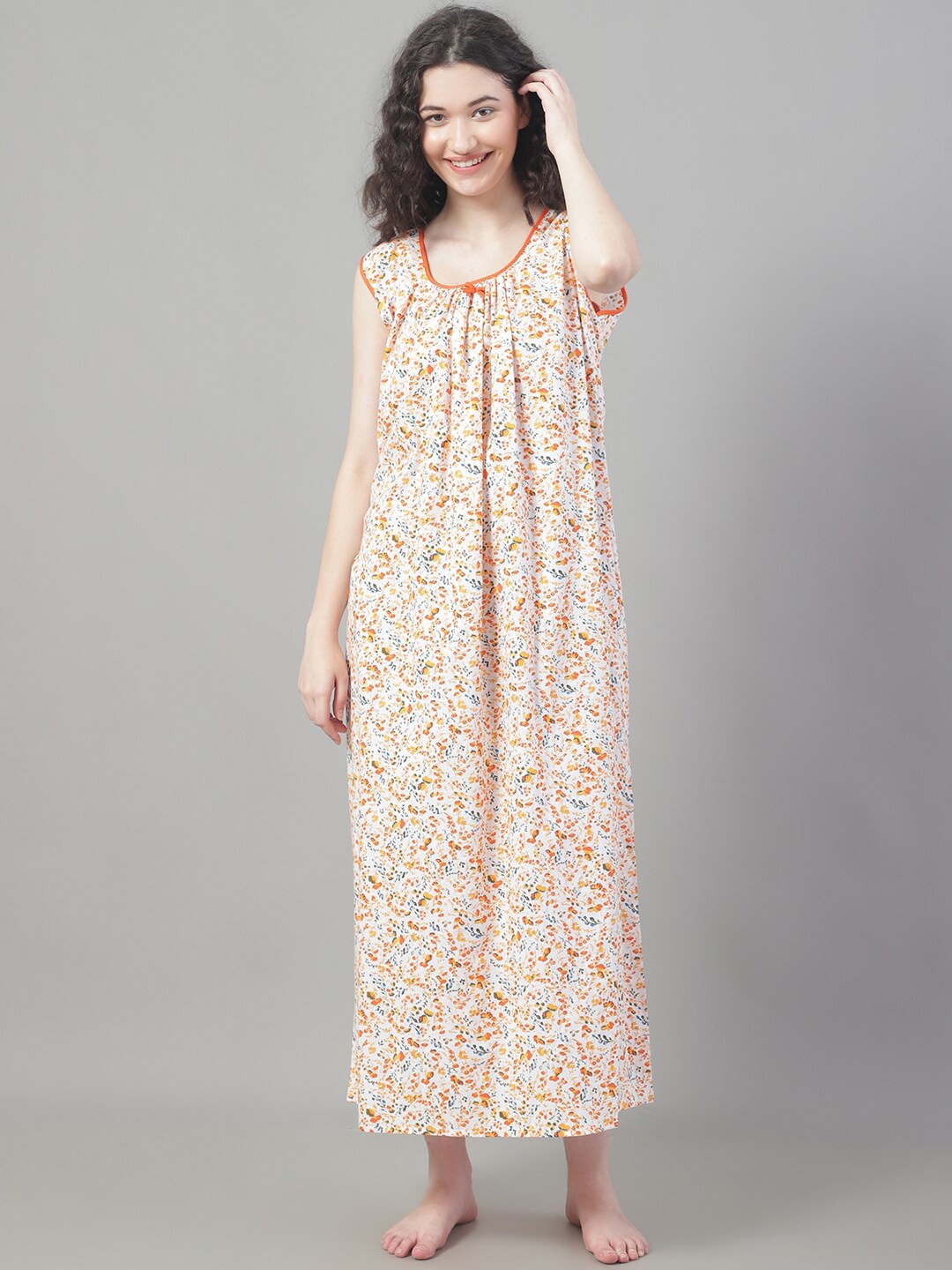 

Shararat Floral Printed Pure Cotton Maxi Nightdress, Orange