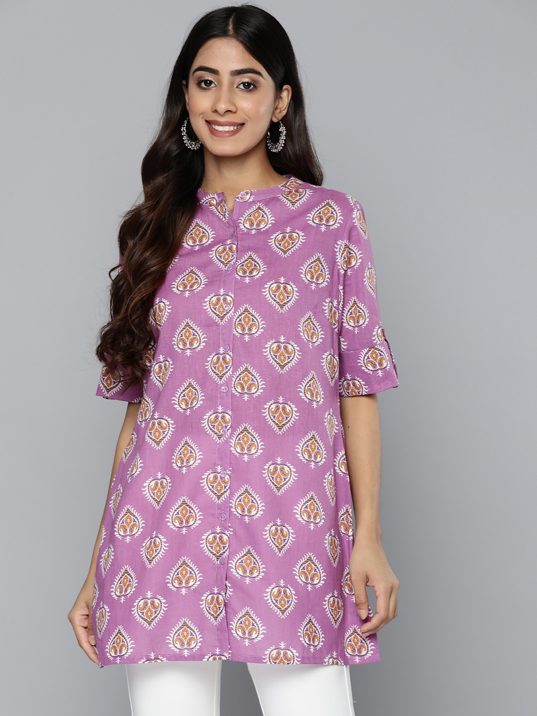 

HERE&NOW Ethnic Motifs Printed Mandarin Collar Kurti, Purple