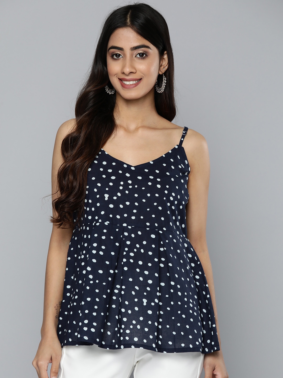 

HERE&NOW Polka Dot Print Cotton Peplum Longline Top, Blue