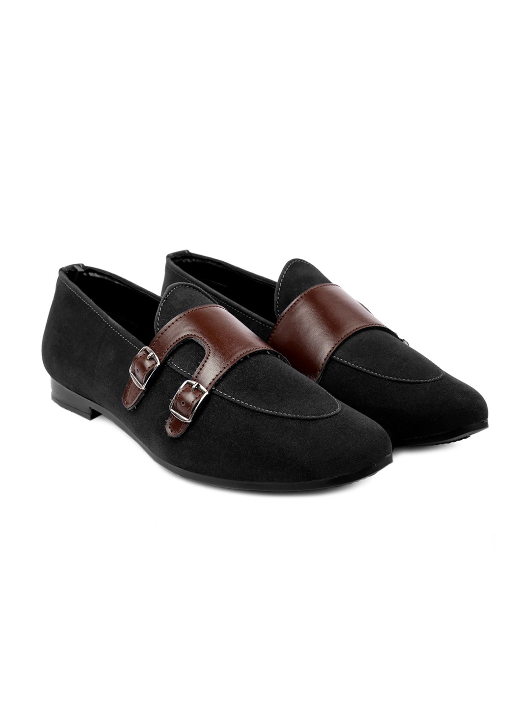 

Bxxy Men Colourblocked Double Monk Lightweight Loafers With Buckles, Black