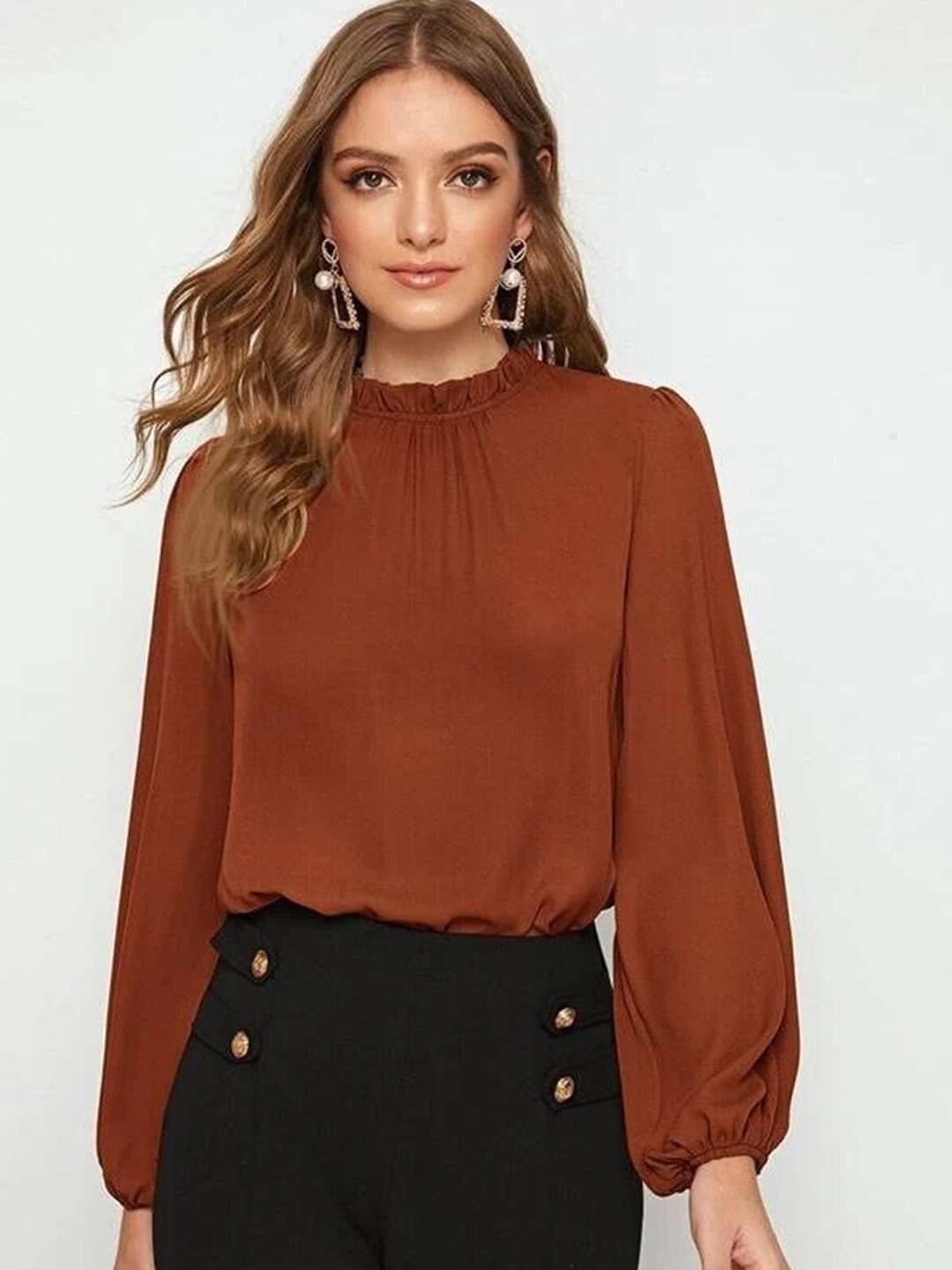 

FNOCKS High Neck Puff Sleeves Cotton Regular Top, Brown