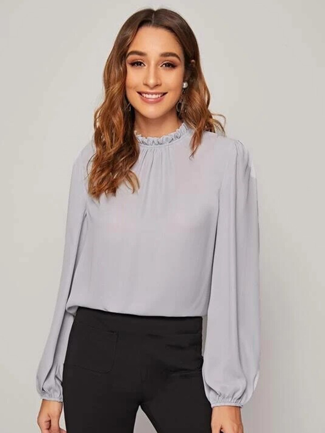 

FNOCKS High Neck Puff Sleeves Cotton Regular Top, Grey