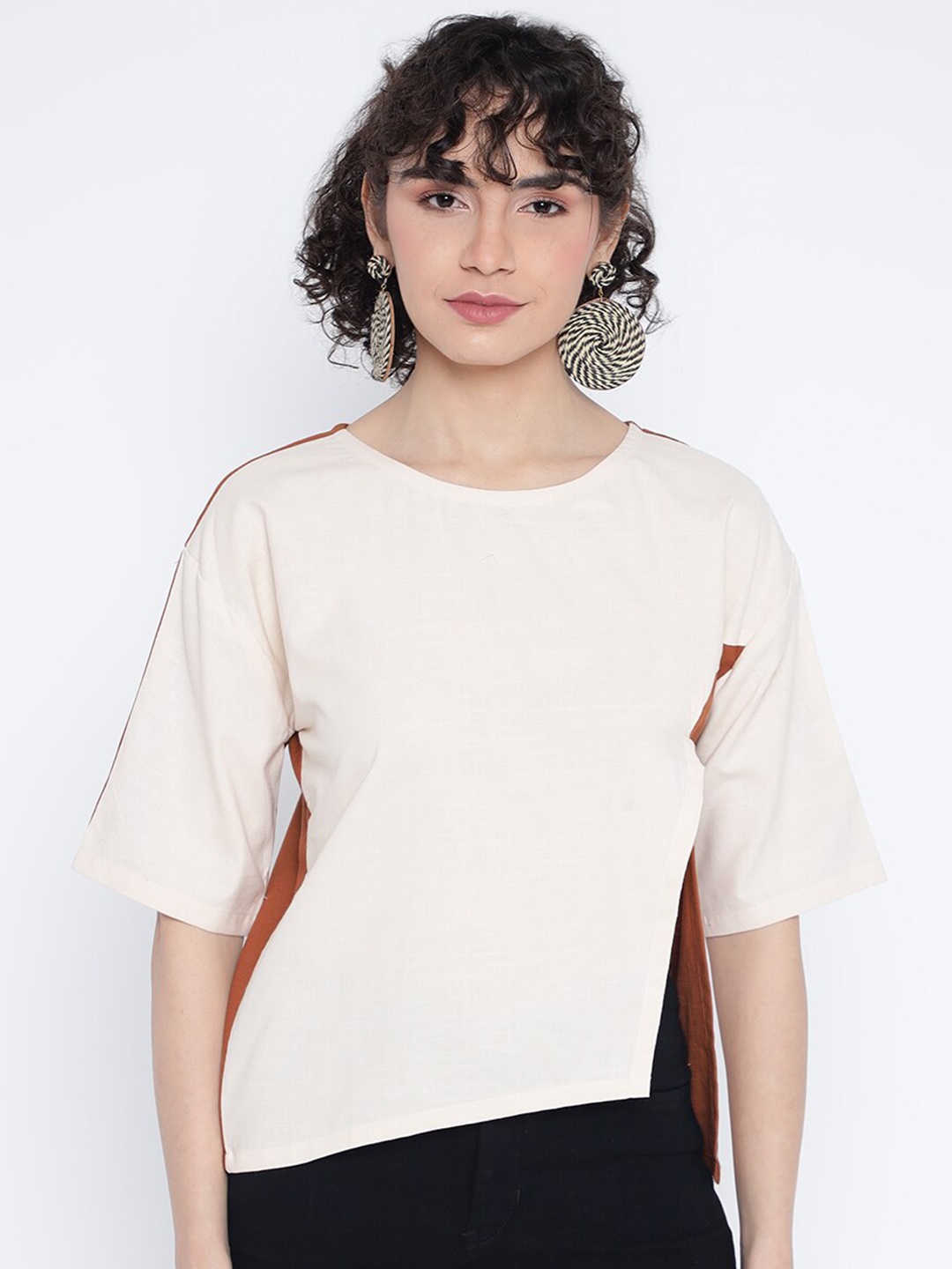 

Shurtz N Skurtz Colourblocked Extended Sleeves Cotton Boxy Top, Beige