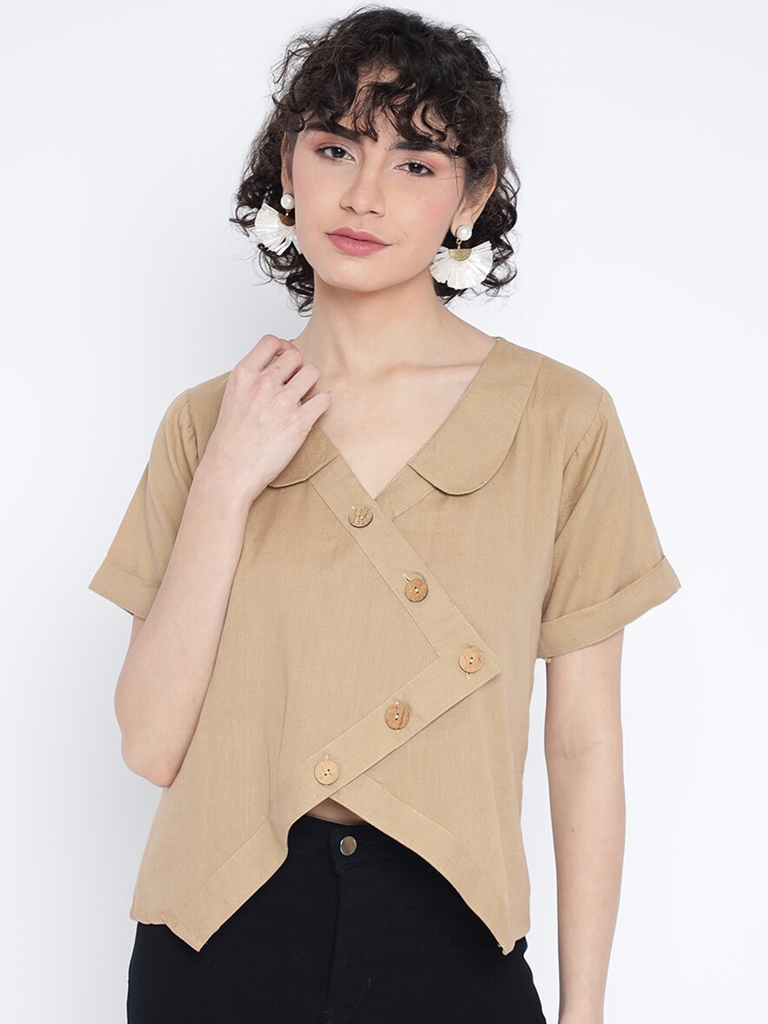 

Shurtz N Skurtz Lapel Collar Button Front Cotton Top, Brown