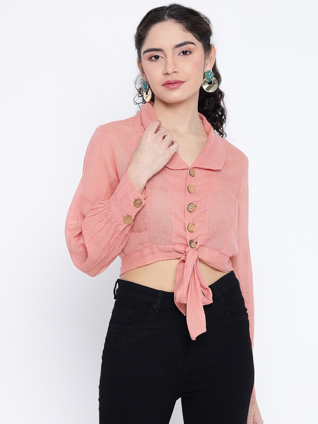 

Shurtz N Skurtz Checked Peter Pan Collar Cotton Shirt Style Crop Top, Pink
