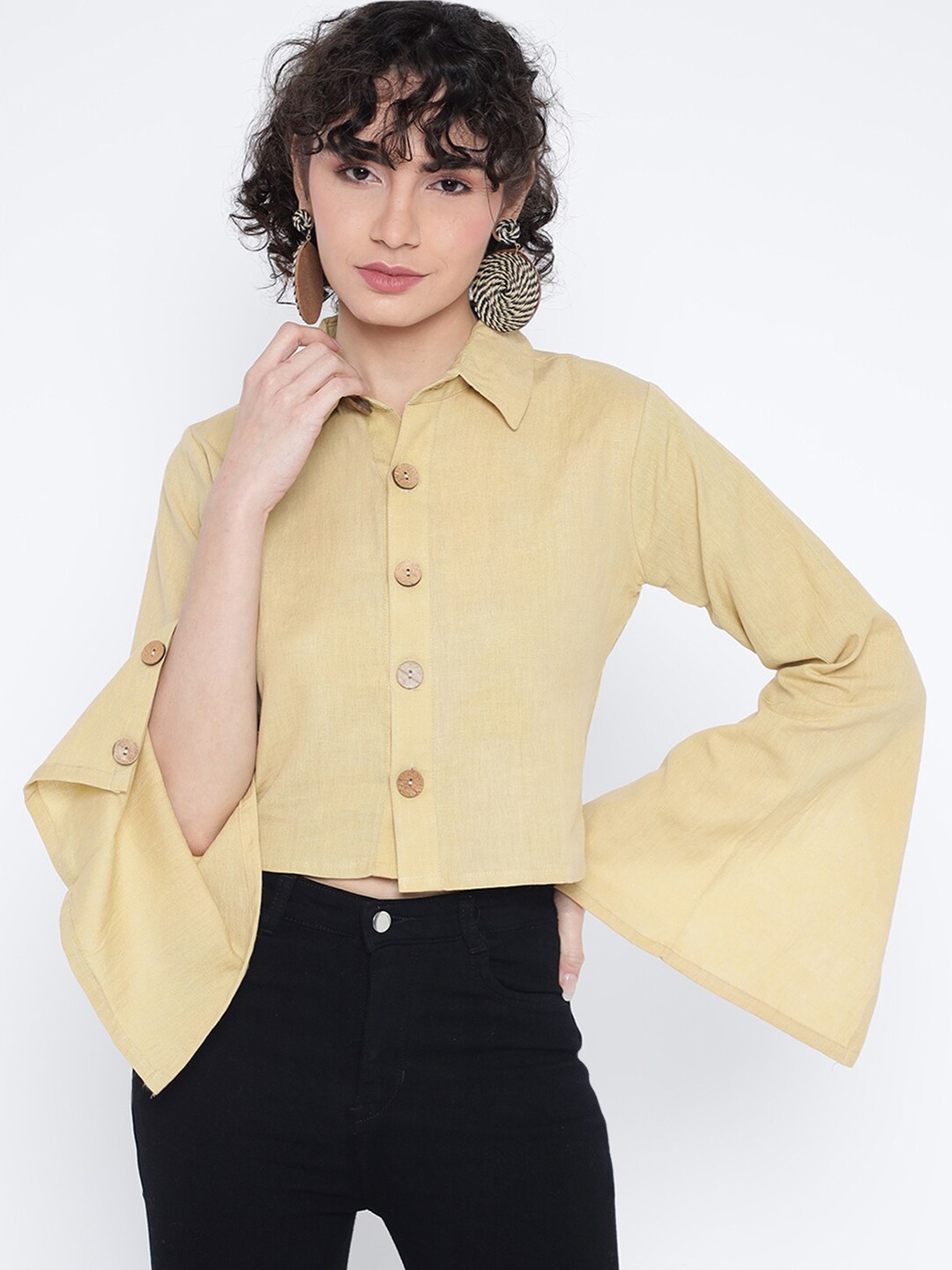 

Shurtz N Skurtz Bell Sleeves Cotton Shirt Style Top, Yellow