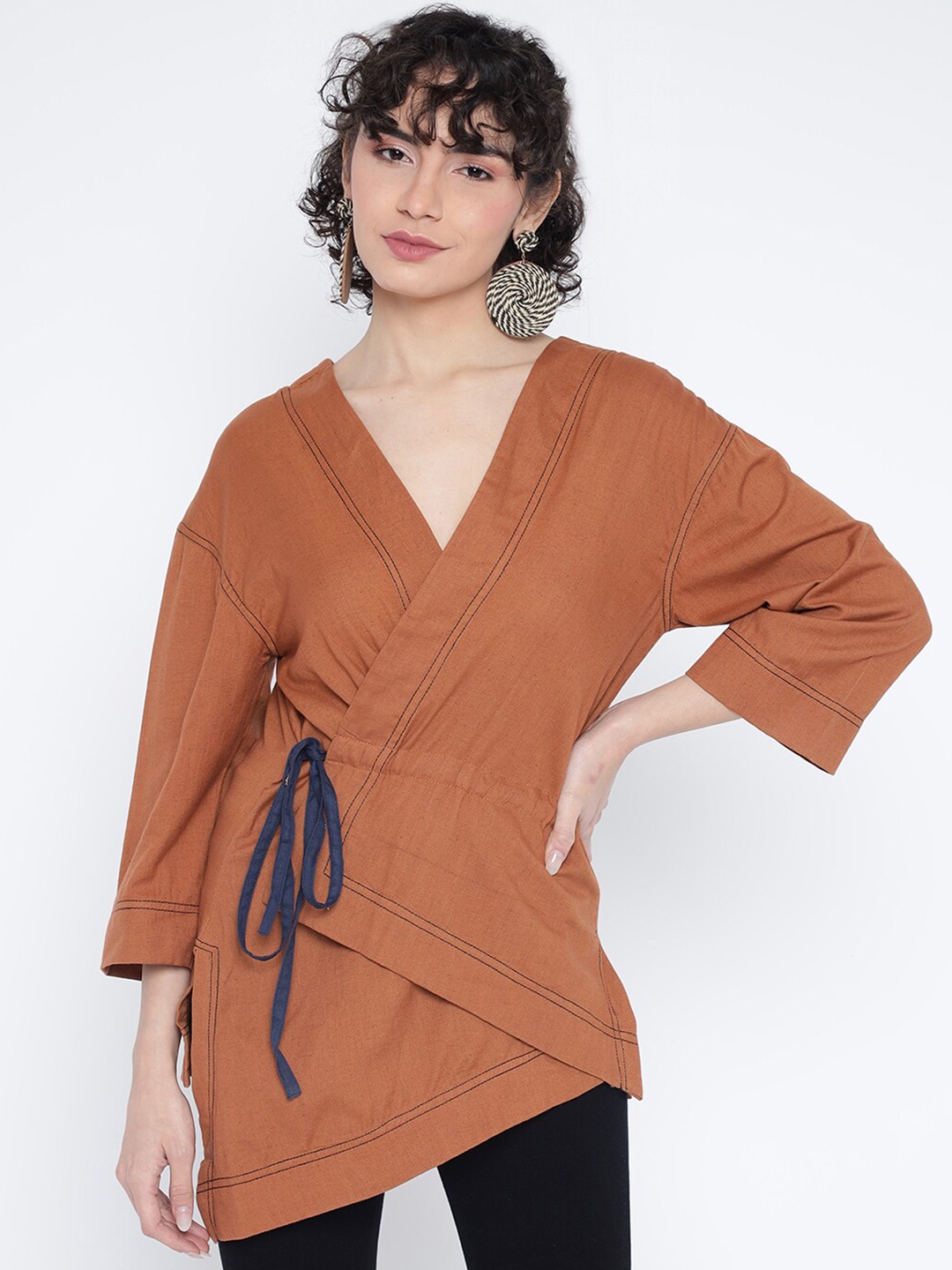 

Shurtz N Skurtz Drop-Shoulder Sleeves Asymmetric Hem Cotton Wrap Top, Brown