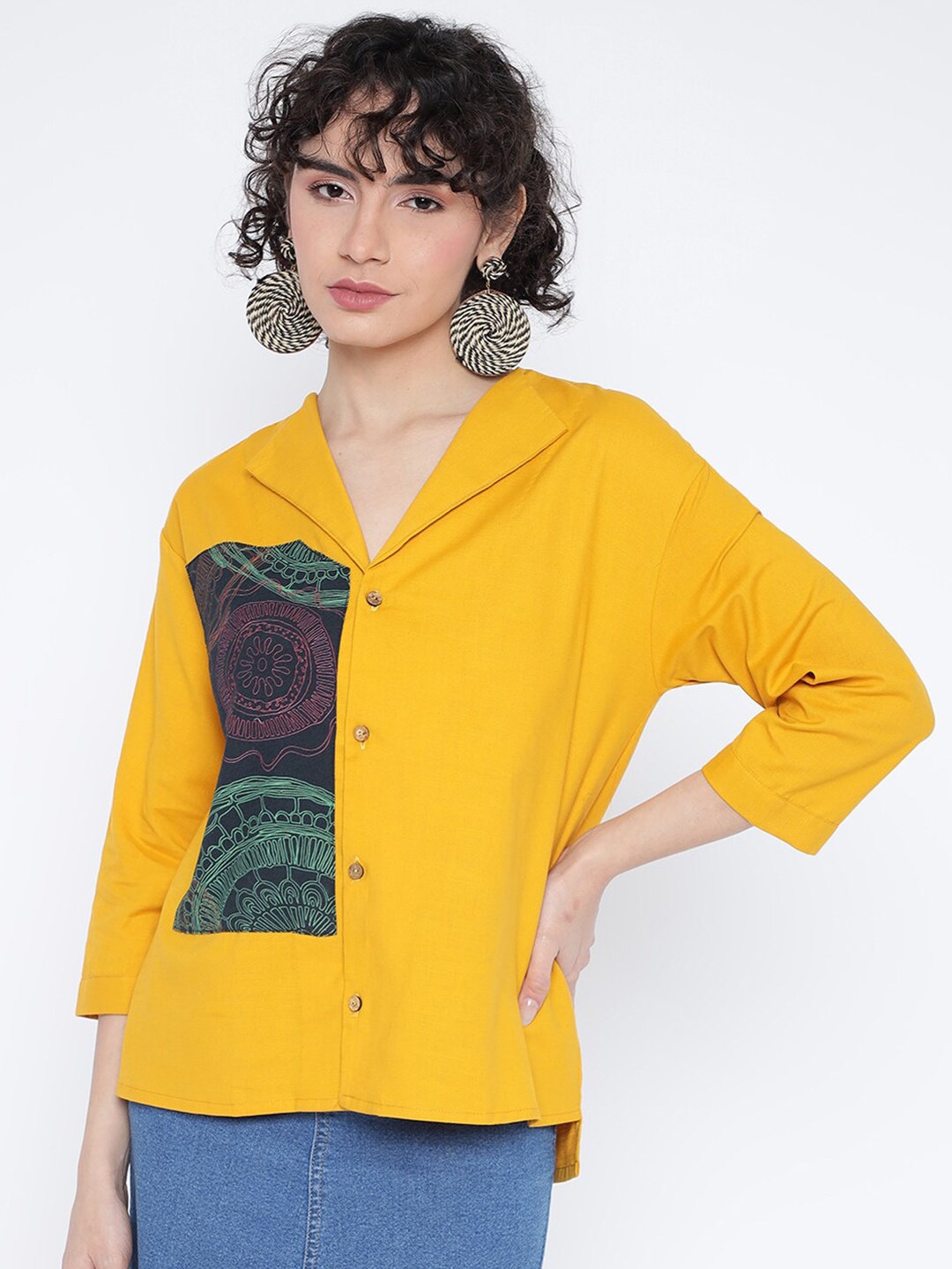 

Shurtz N Skurtz Abstract Printed Back Slit Cotton Shirt Style Top, Mustard