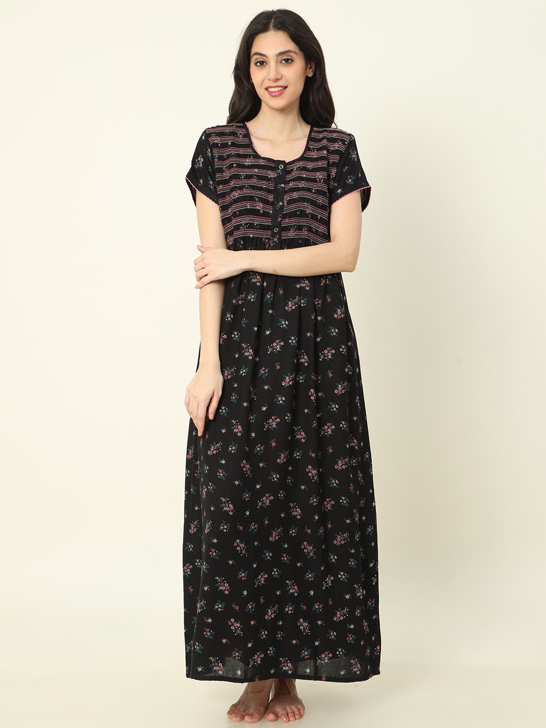 

9shines Label Floral Printed Maxi Nightdress, Black