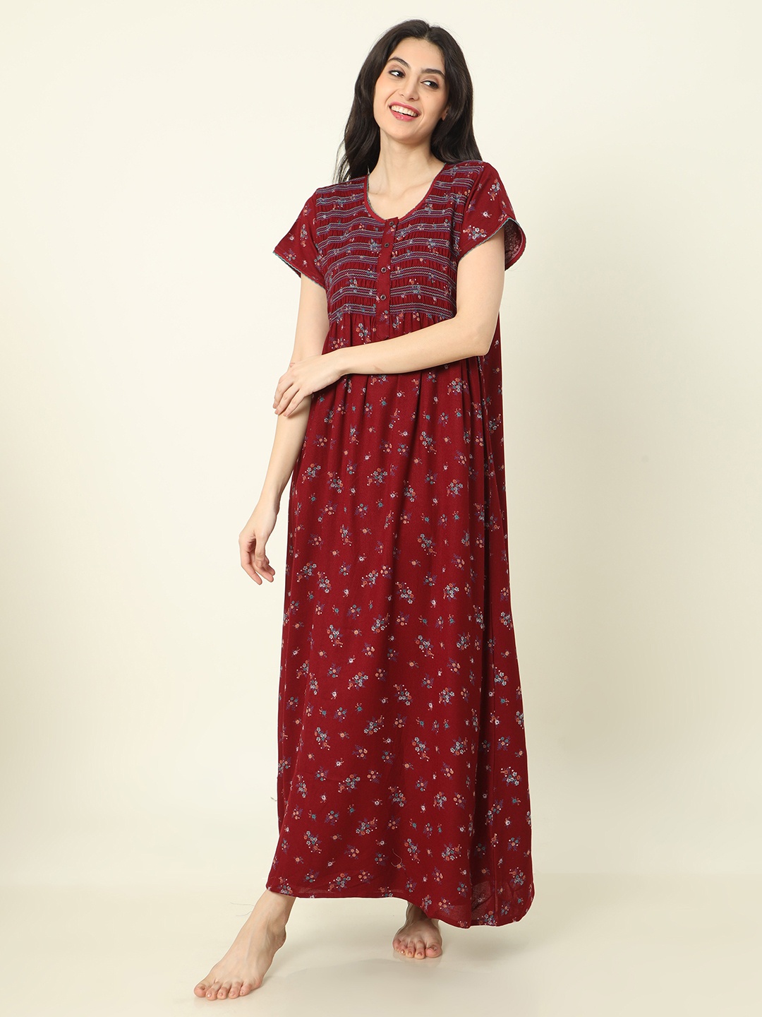 

9shines Label Floral Printed Maxi Nightdress, Maroon