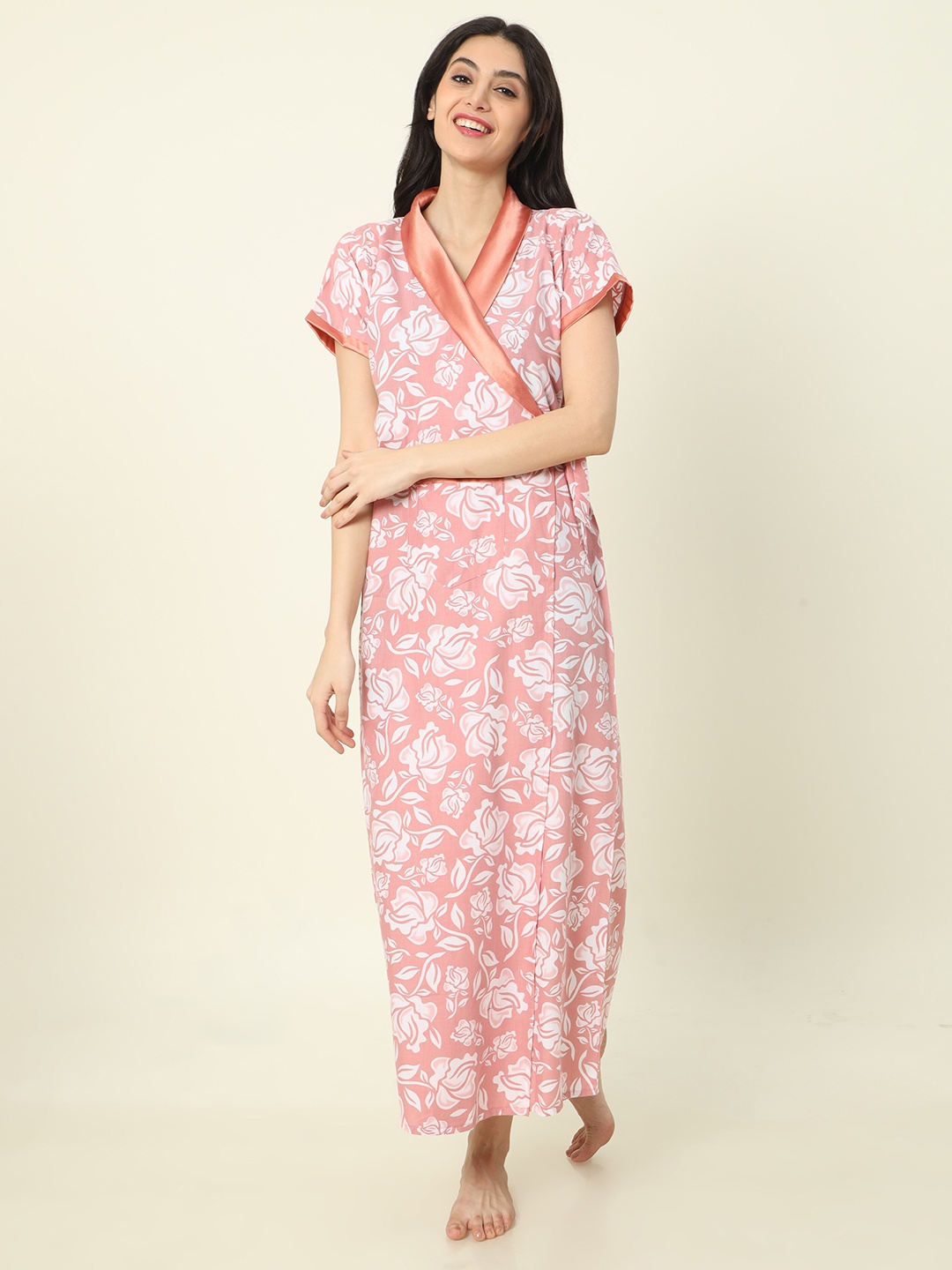 

9shines Label Floral Printed Maxi Nightdress, Peach