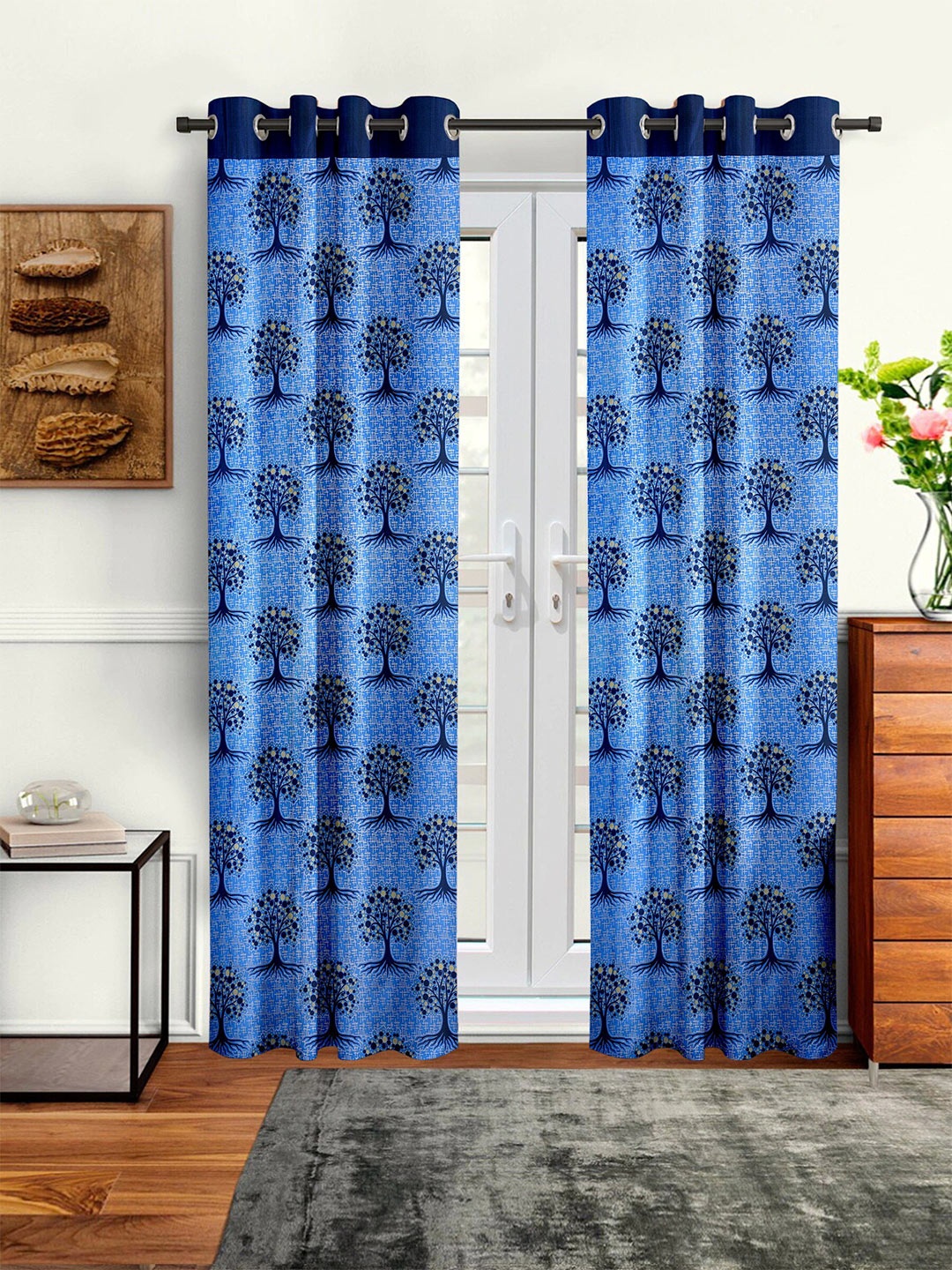 

Cortina Navy Blue & Black 2 Pieces Leaf Printed Door Curtains