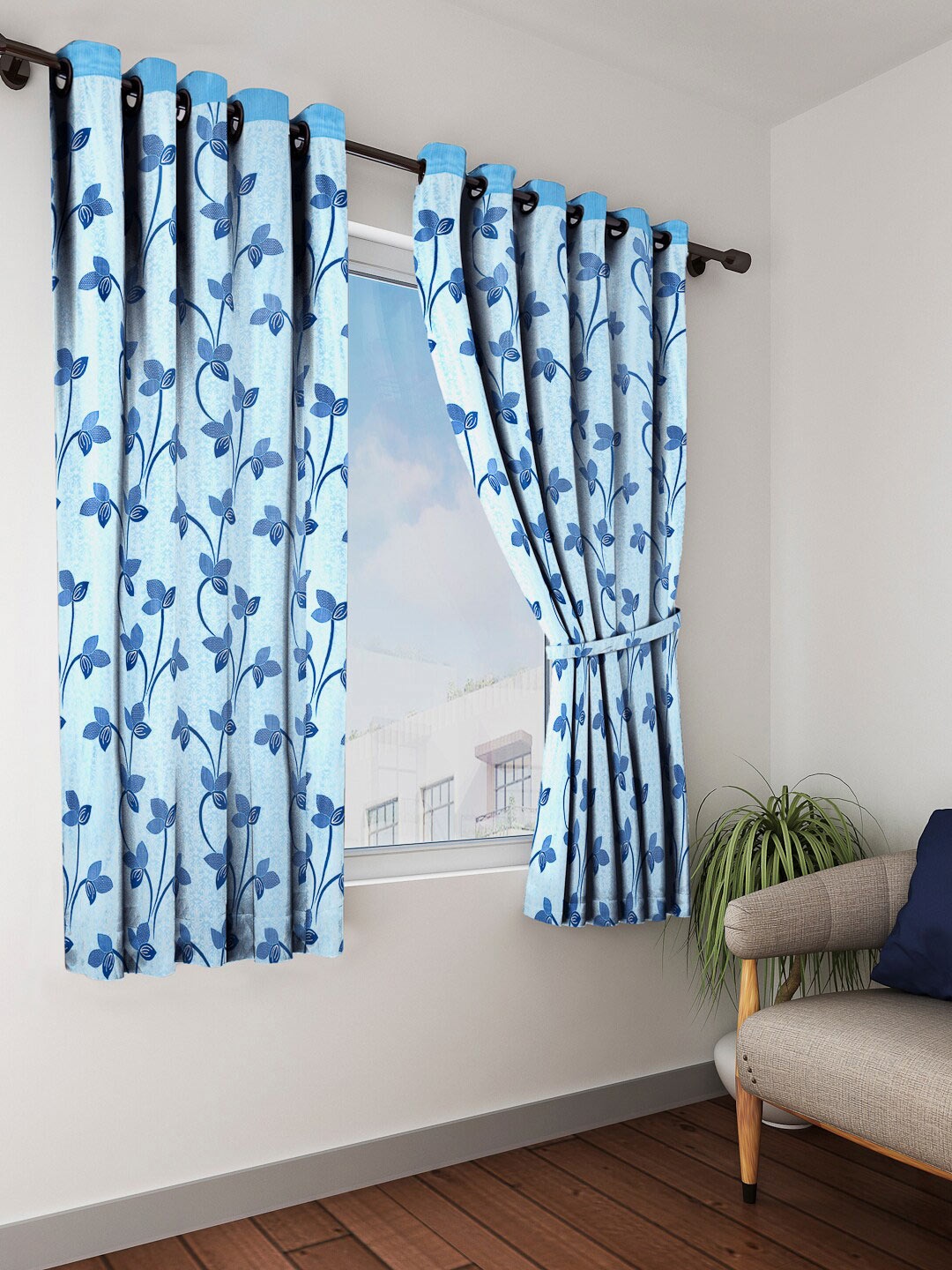 

Cortina Blue 2 Pieces Leaf Printed Window Curtains
