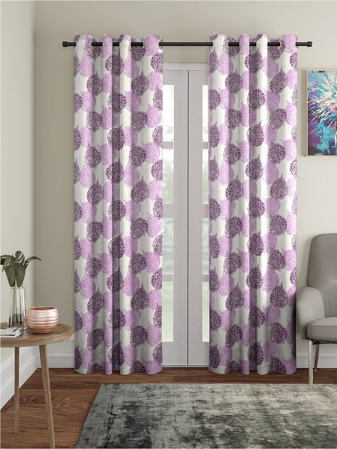 

Cortina Purple & White 2 Pieces Leaf Printed Door Curtains