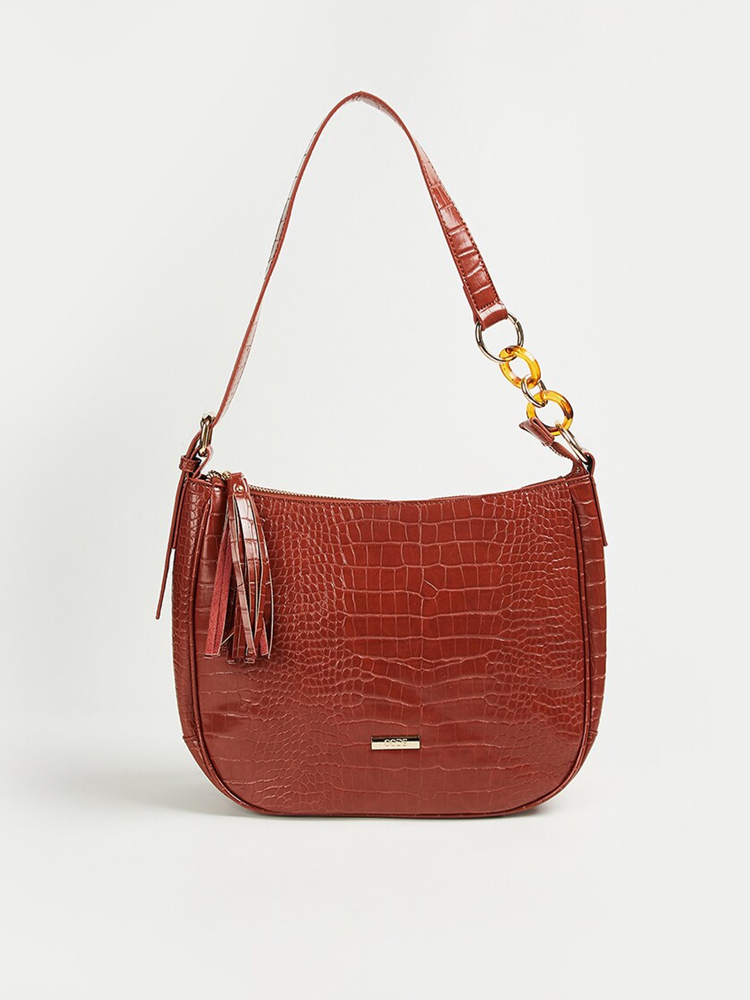 

CODE by Lifestyle Tan Animal Textured Half Moon Hobo Bag with Tasselled