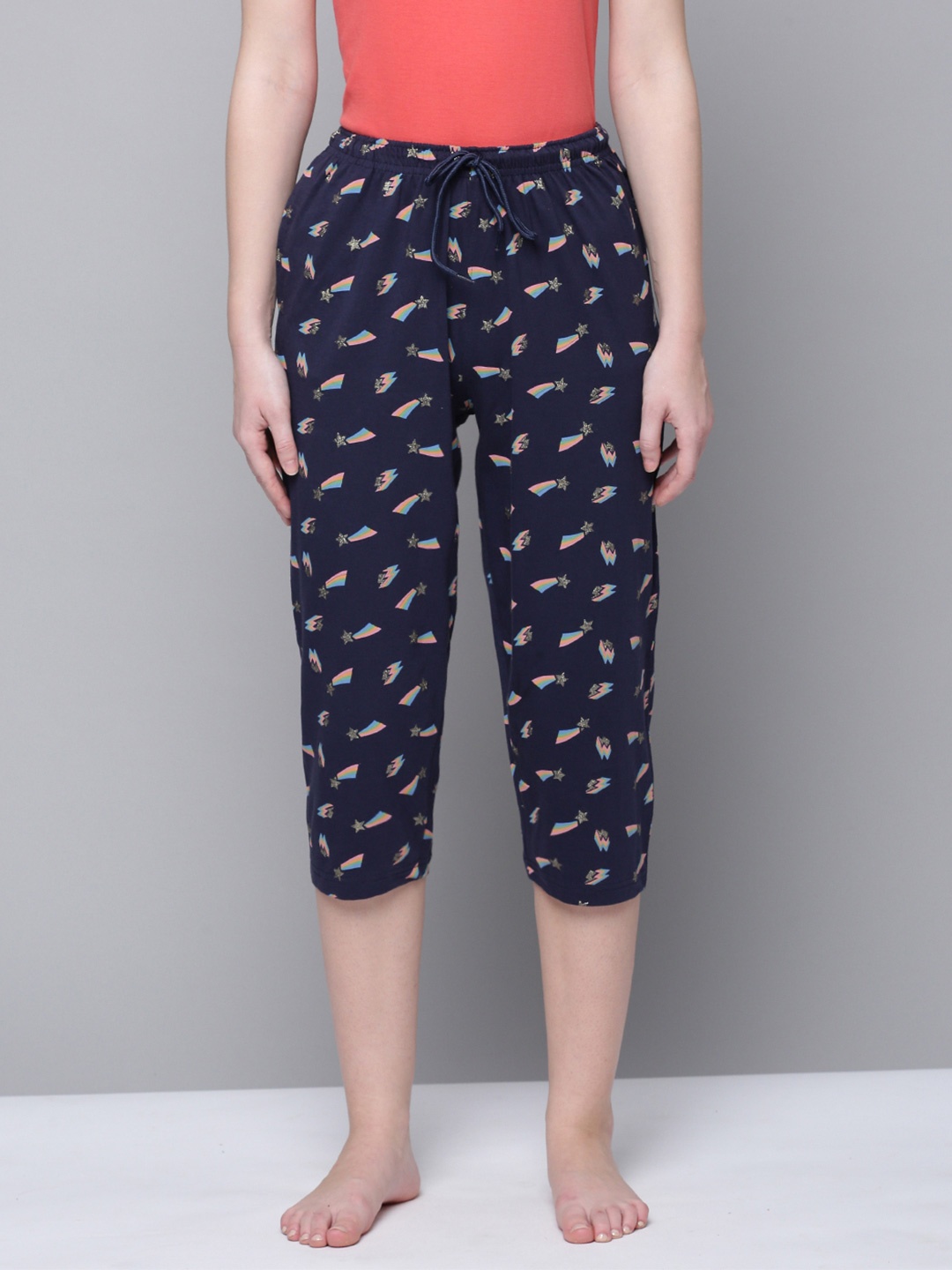 

Kryptic Women Conversational Printed Pure Cotton Relaxed Fit Capris, Navy blue